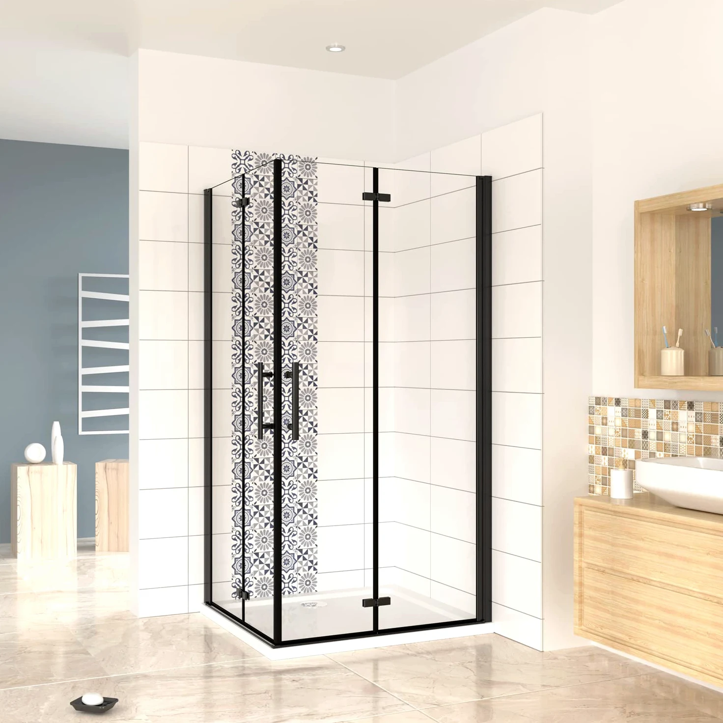 190cm Box Doccia Angolare Doppia Porta Battente Pieghevole 120x80cm in Vetro Temperato Trasparente 5 mm Anticalcare Telaio Nero Opaco
