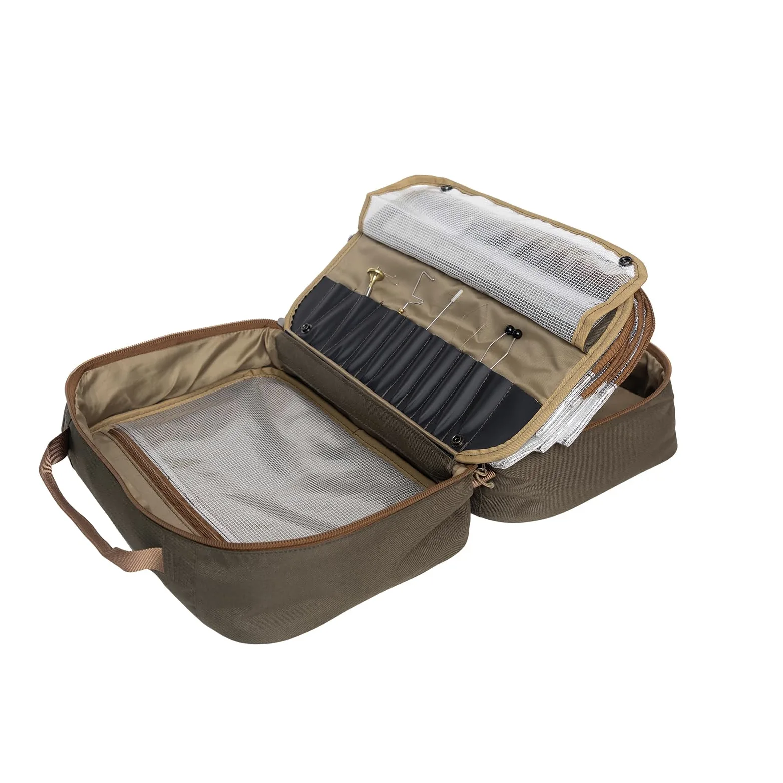 Raprance Custodia professionale da viaggio per la costruzione di mosche, 4 tasche trasparenti e imbottita, per la costruzione di attrezzi, kit di attrezzi, materiali (marrone oliva)