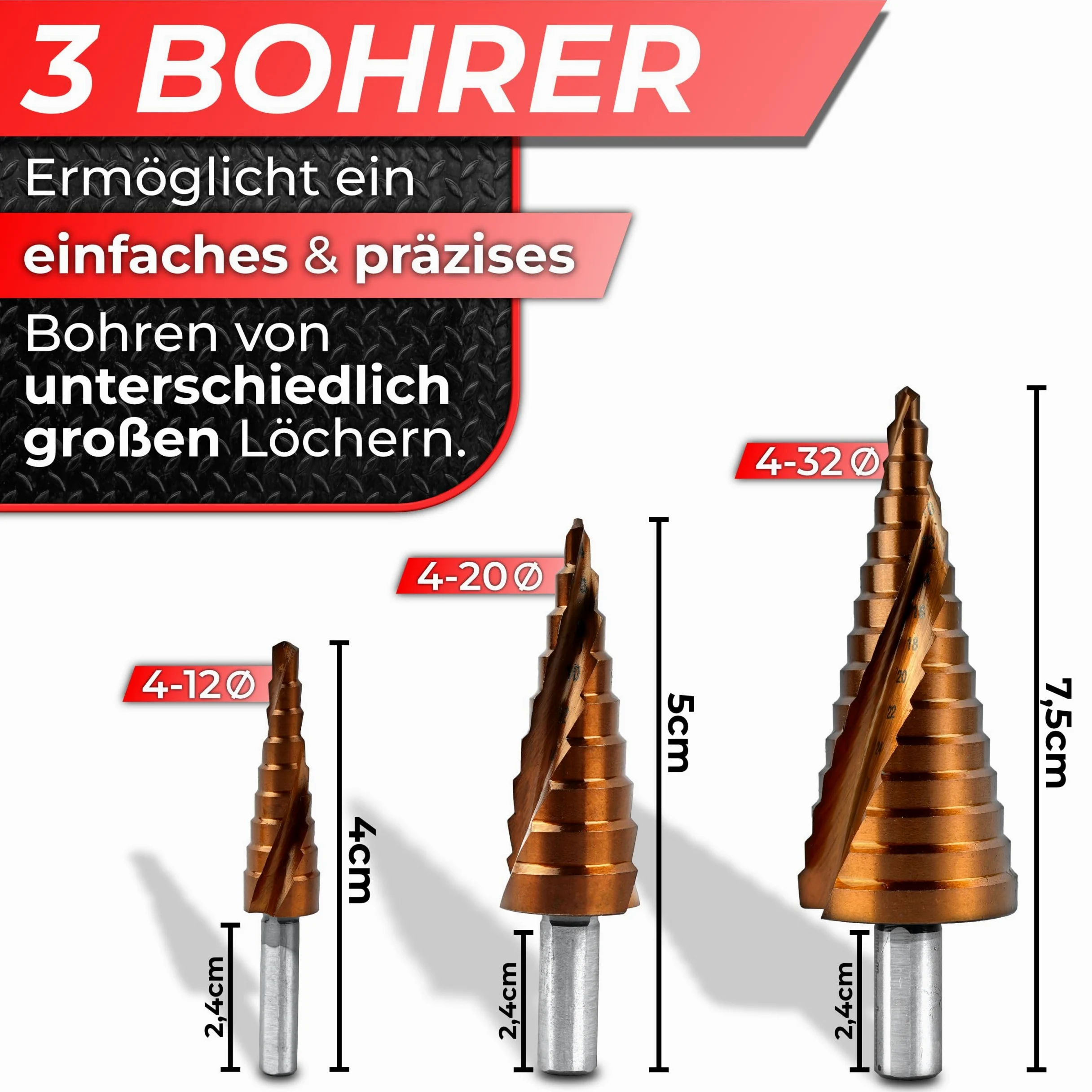 Woltersberger® Set di 3 punte a gradini HSS Powerline Spiral, punte coniche Ø 4 – 32 mm, 4 – 20 mm, 4 – 12 mm, per fori puliti, per pelapatate in metallo, alluminio e acciaio inox