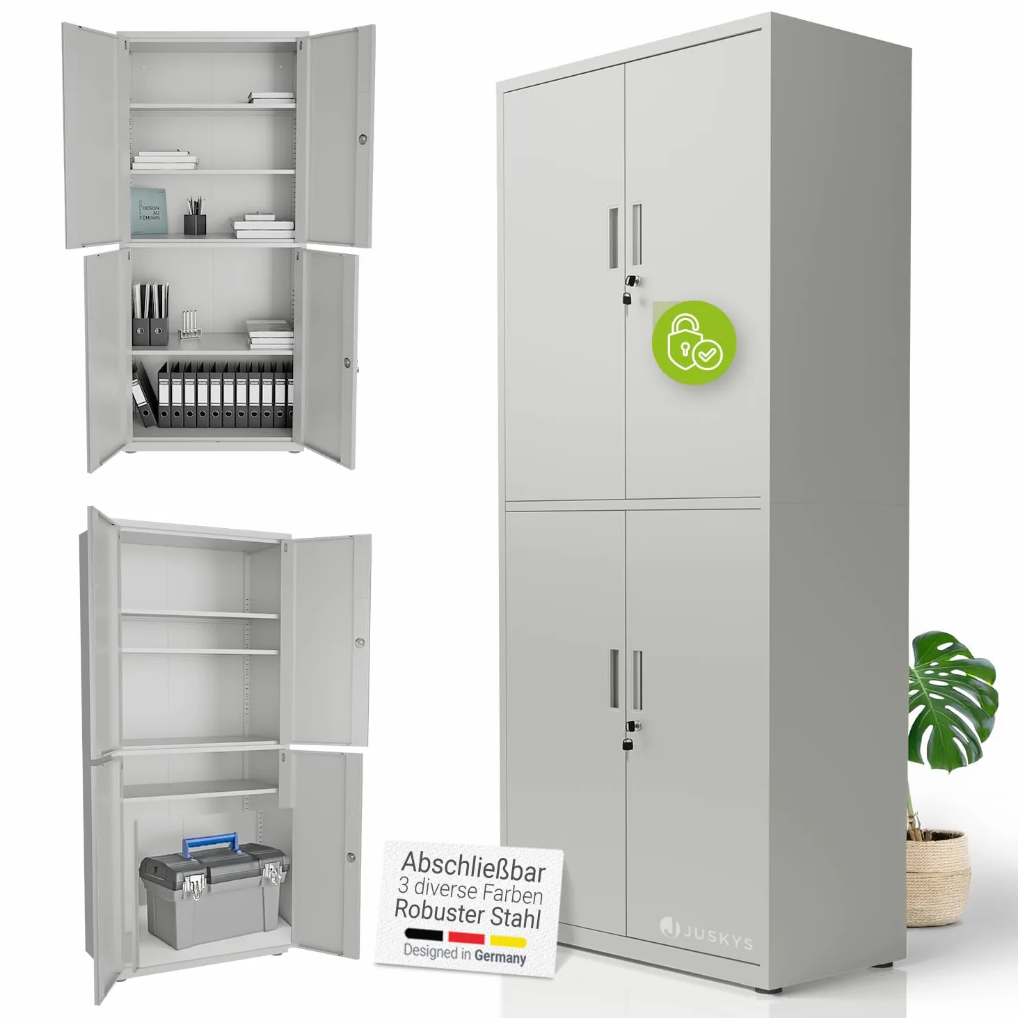 Juskys armadio in metallo 180x80x40 cm – armadio da ufficio con serratura, 2 ante, 3 ripiani regolabili e piedini regolabili – Grigio chiaro