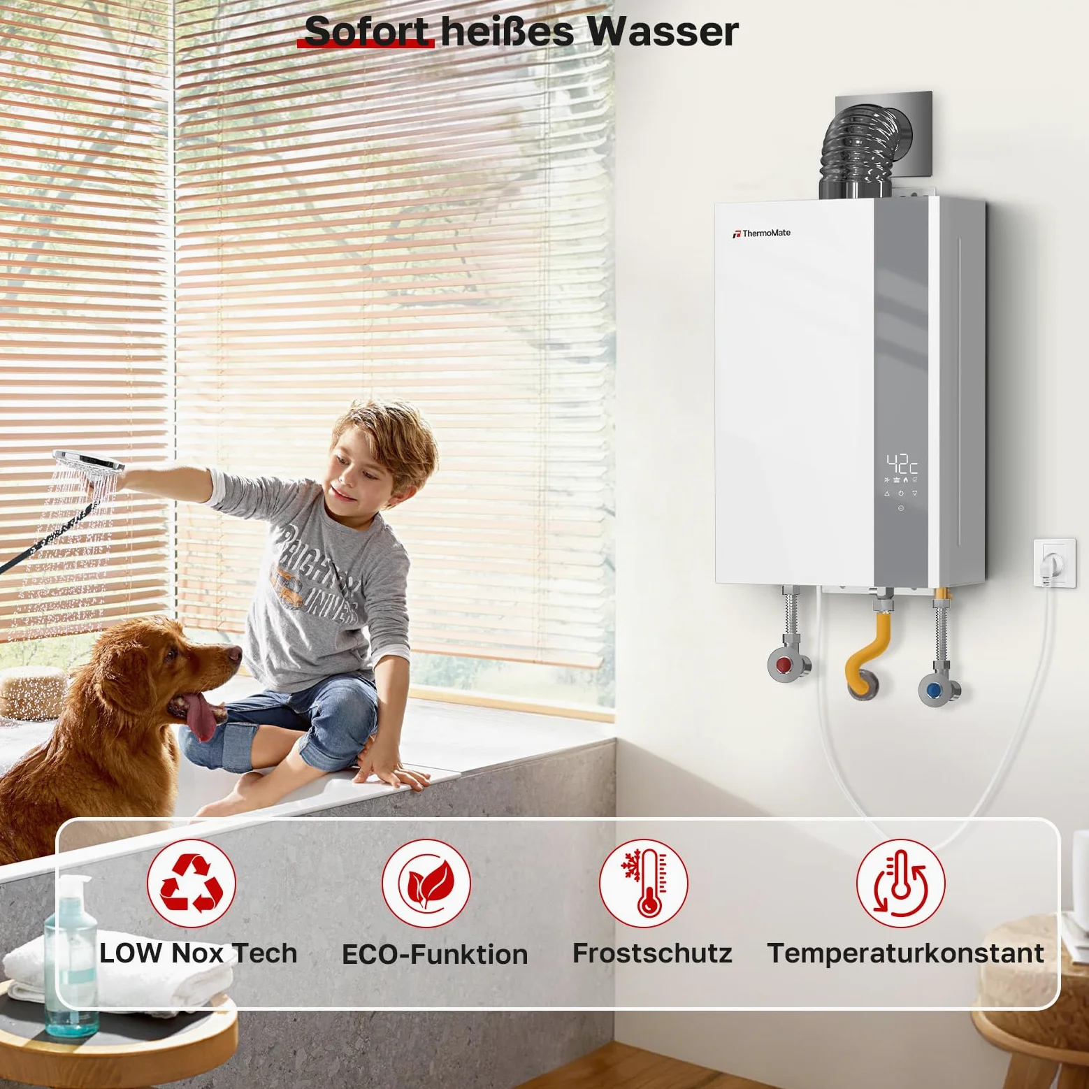 ThermoMate Scaldacqua a gas ECO a Camera Stagna 12 litri, ErP/basso NOx Indoor Scaldabagno a gas naturale, 20mbar, scaldacqua a gas per cucine e bagni