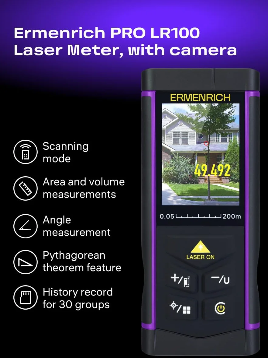PRO LR100 Professional Distanziometro Laser Digitale con Fotocamera Strumento di Misurazione Portatile Area Volume Angolo Modalità Pitagora Cambio Unità per Uso Interno ed Esterno