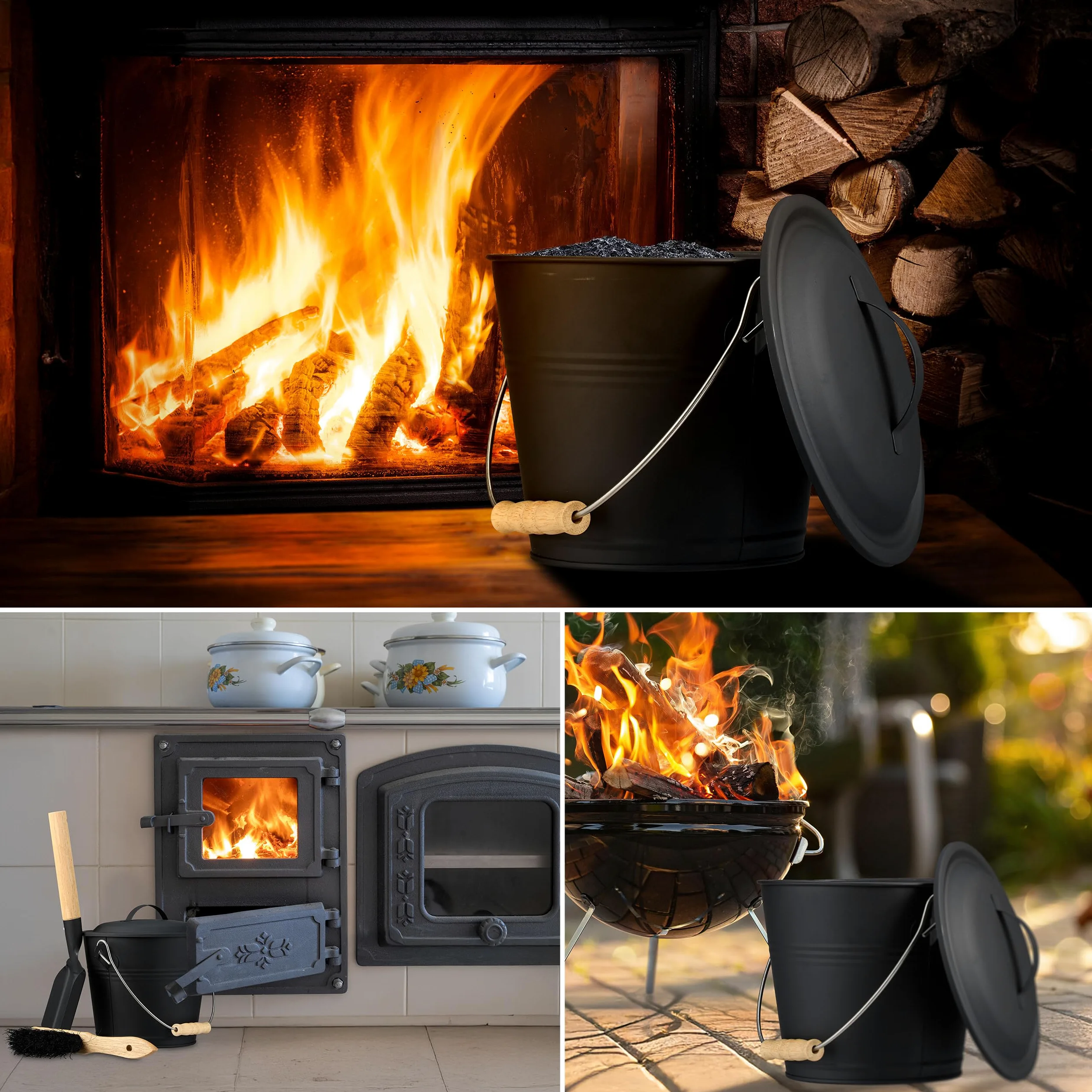 Relaxdays Secchio per Cenere con Coperchio, 24 L, Scopa e Paletta per Camino, Contenitore con Manico, Nero/Naturale