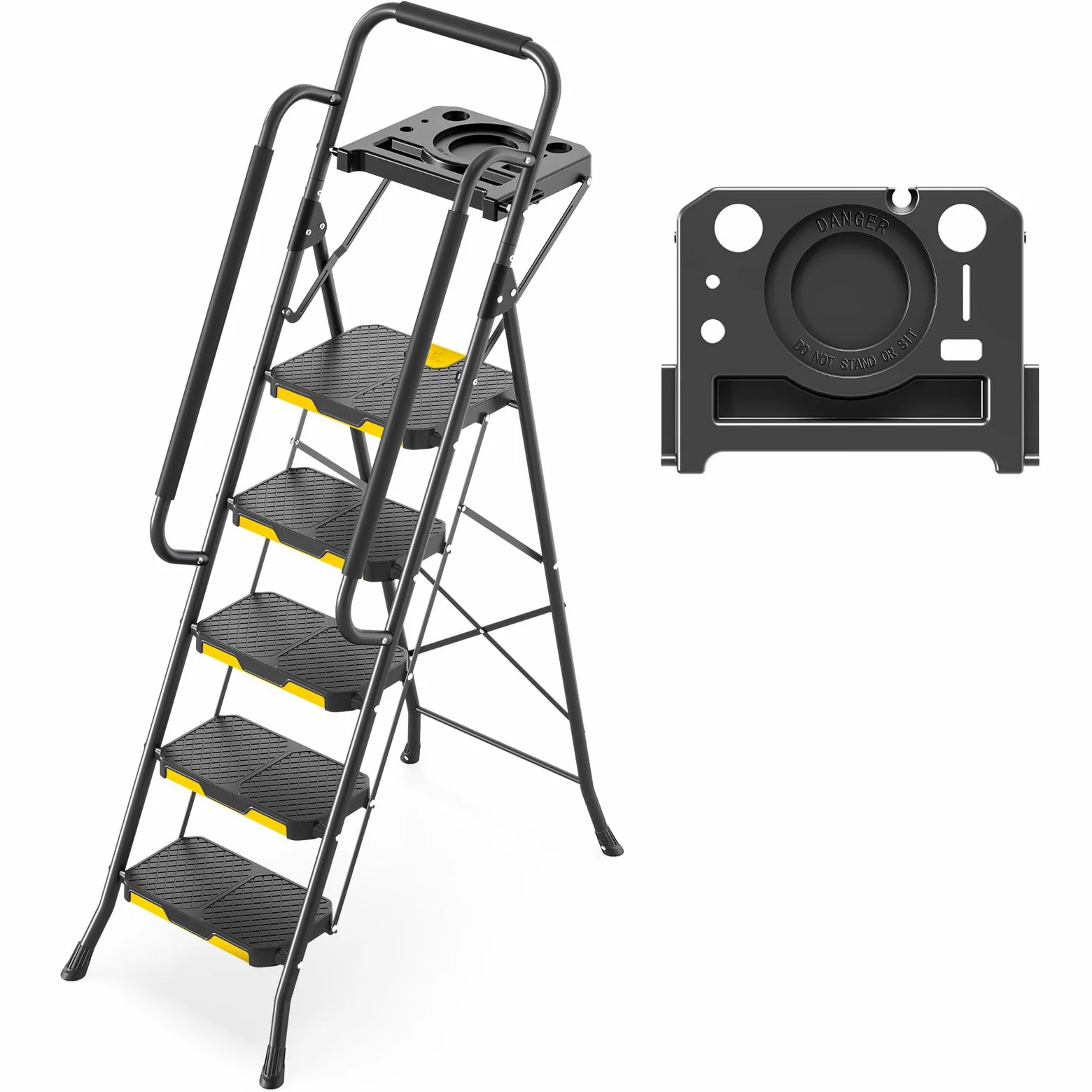 KINGRACK Scaletta 5 Gradini, Scala Pieghevole con Vaschetta Portaoggetti e Corrimano di Sicurezza, Scala Domestica in acciaio con Pedale Largo Antiscivolo, per casa, cucina, dispensa, armadi, ufficio