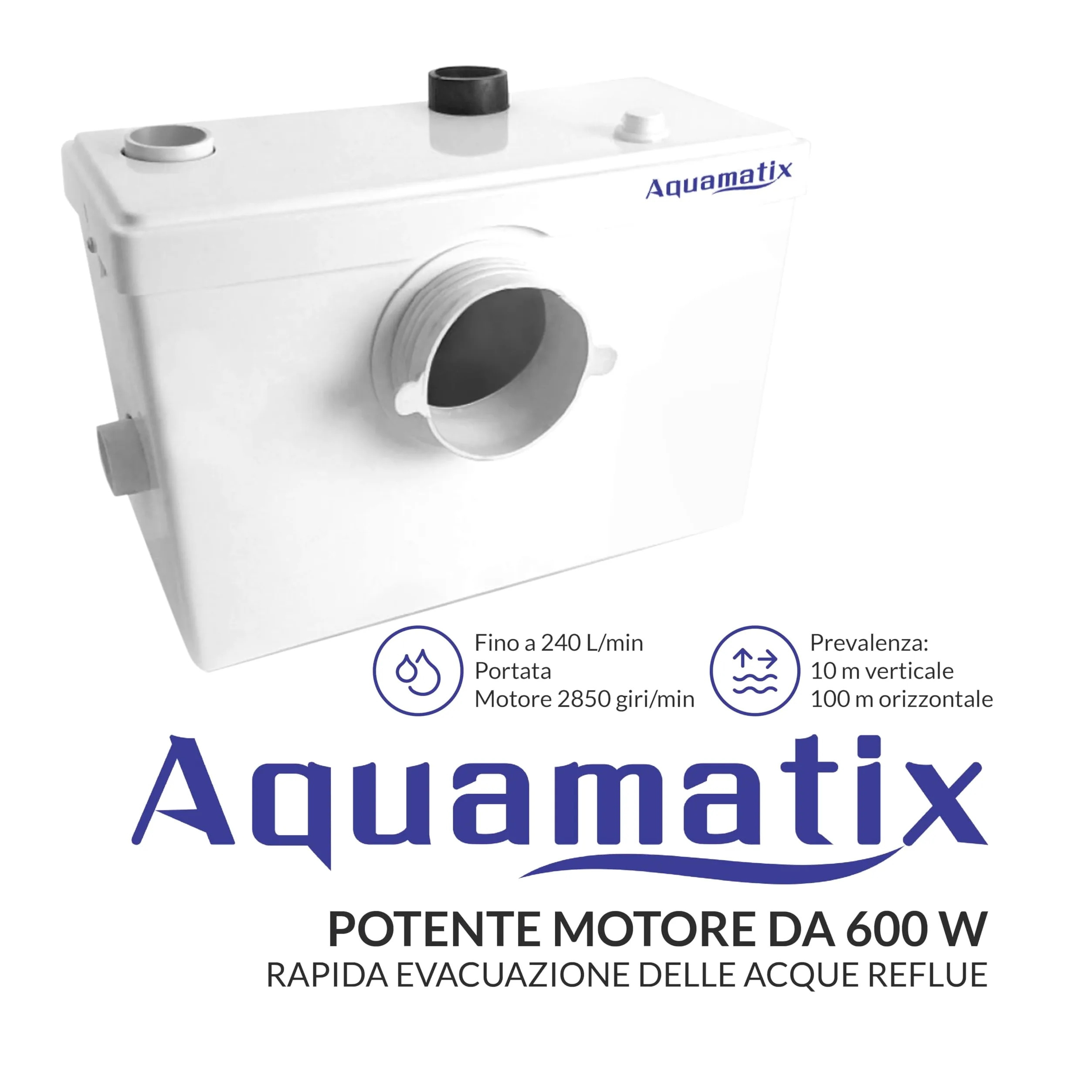 Aquamatix stazione di sollevamento compatta 600 W con trituratore, pompa per acque reflue fino a 10 m di altezza di sollevamento, con 3 ingressi, per WC, doccia e lavandino