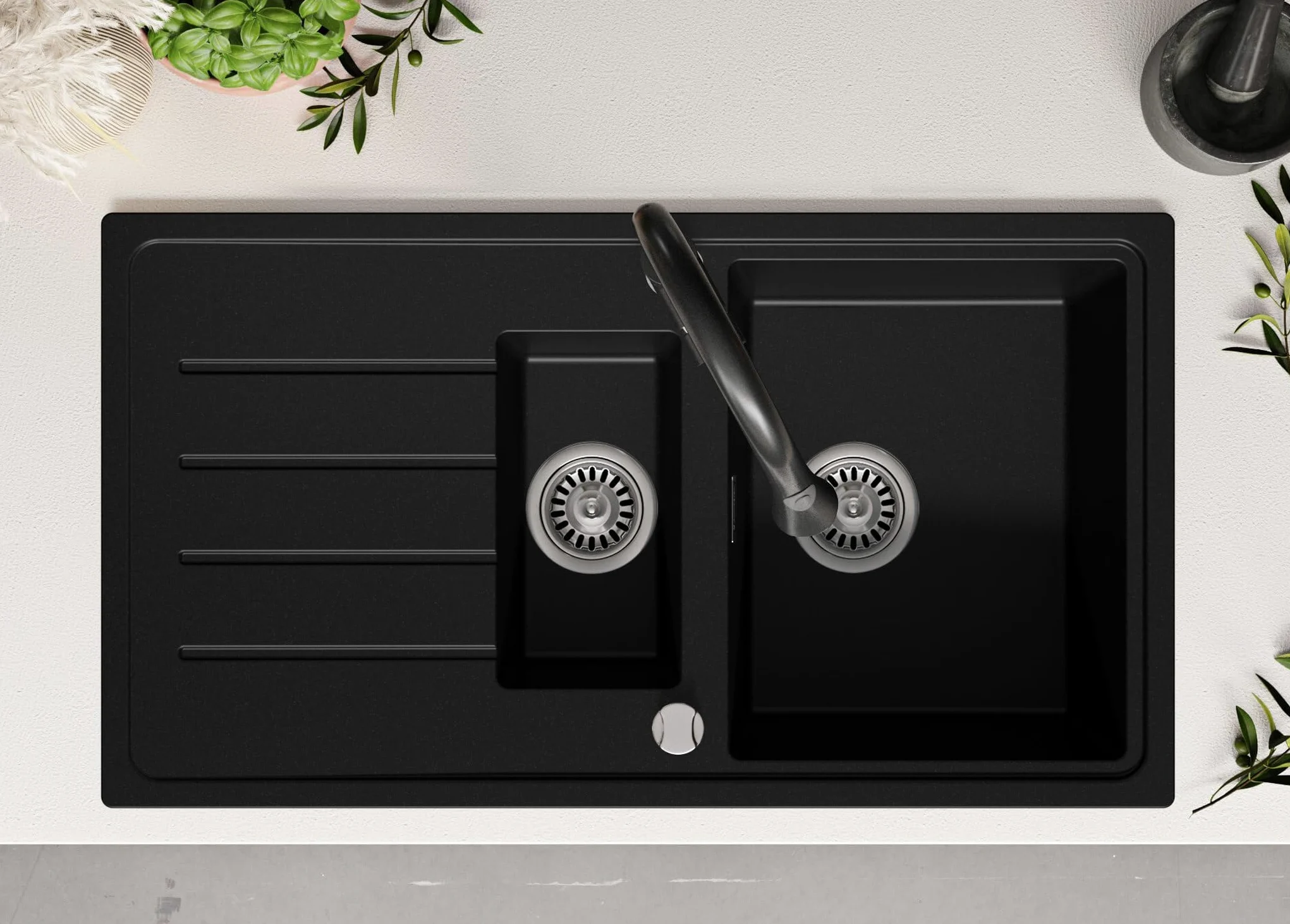 PRIMAGRAN Lavandino da Cucina Nero 90x50cm, Lavello in Granito a 1,5 vasche + Rubinetto 40x38cm + Set di accessori, Lavabo da Cucina Incasso al Mobile 60cm - Copenhagen Duo S027