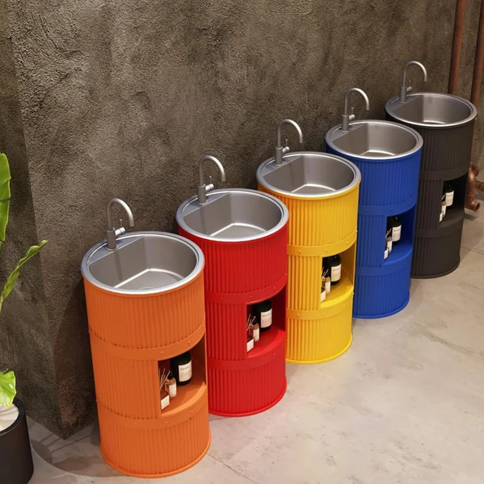 ZTGL Mobile da Bagno con Lavabo in Acciaio Inox, Lavandino a Colonna in Ferro Battuto Stile Industriale Mobile da Bagno, Lavandino su Piedistallo con Rubinetto e Scarico,Argento