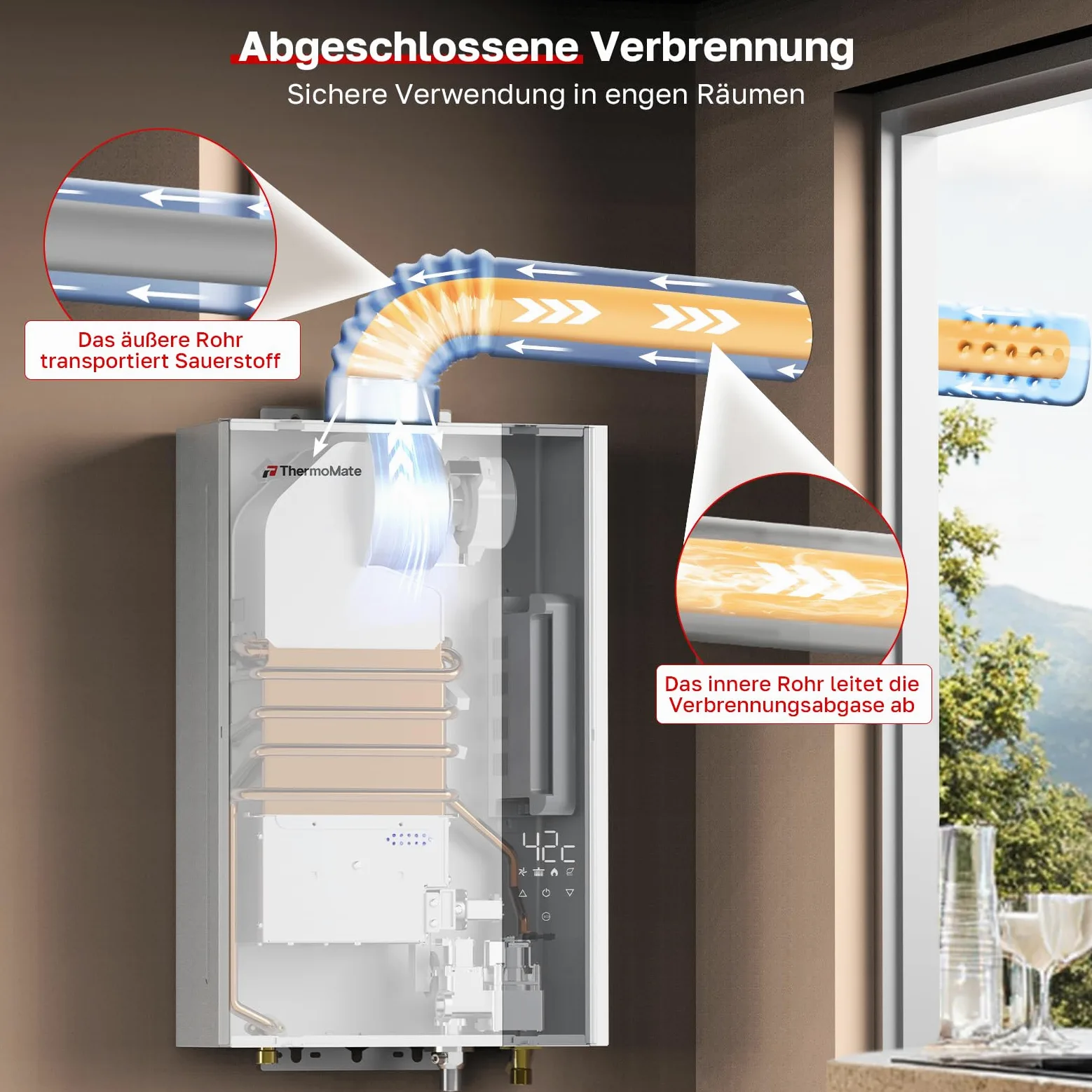 ThermoMate Scaldacqua a gas ECO a Camera Stagna 12 litri, ErP/basso NOx Indoor Scaldabagno a gas naturale, 20mbar, scaldacqua a gas per cucine e bagni