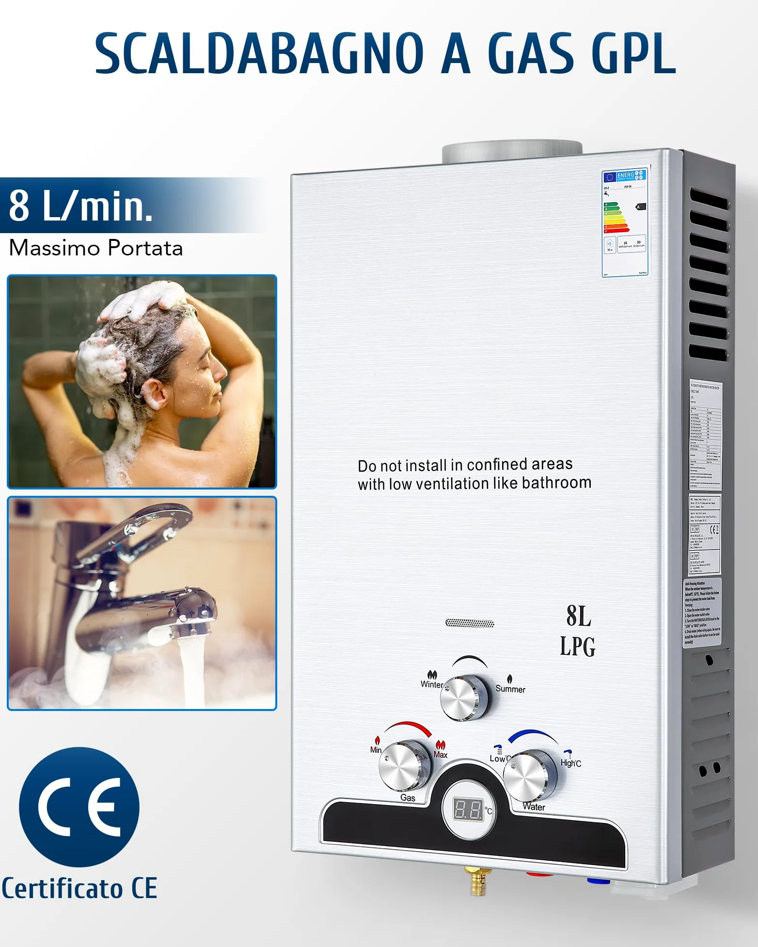 VONLUCE 8L Scaldabagno a Gas GPL 13,6 kW a Parete con Modalità Commutabili, Caldaia a Gas GPL Automatica Istantanea con Display a LED e Nucleo in Rame