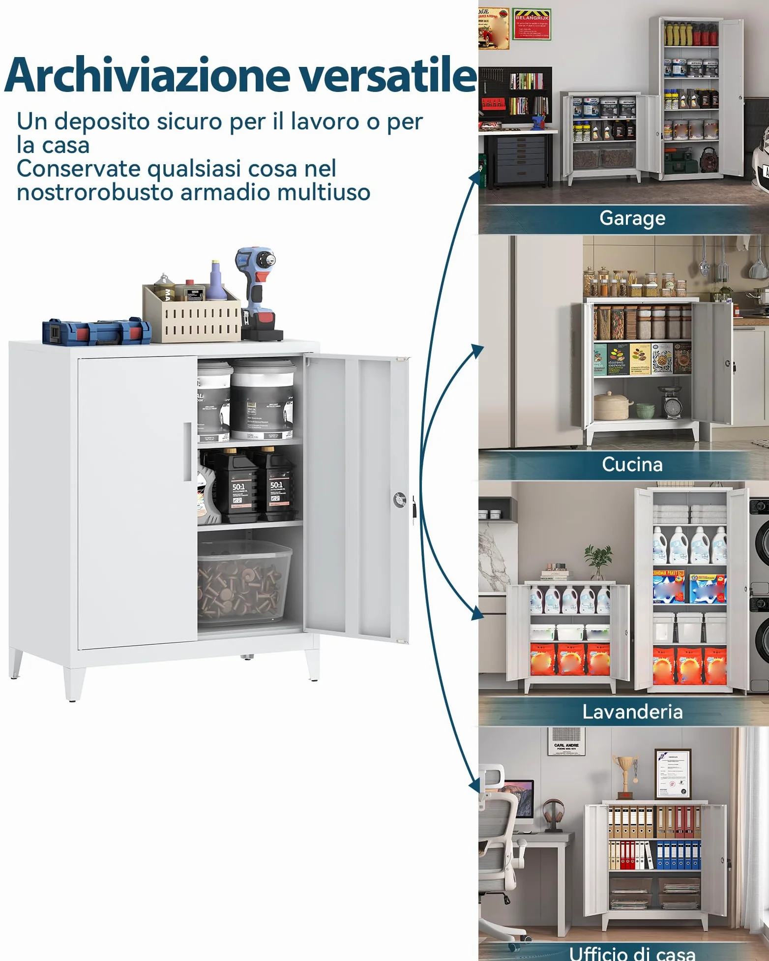 Armadietto in Metallo, Armadietto per Garage con Chiusura a Chiave, con 2 Ripiani per Ufficio con Ripiani Regolabili, per Ufficio, Garage e Ripostiglio, 40 x 80 x 100 cm, Bianco