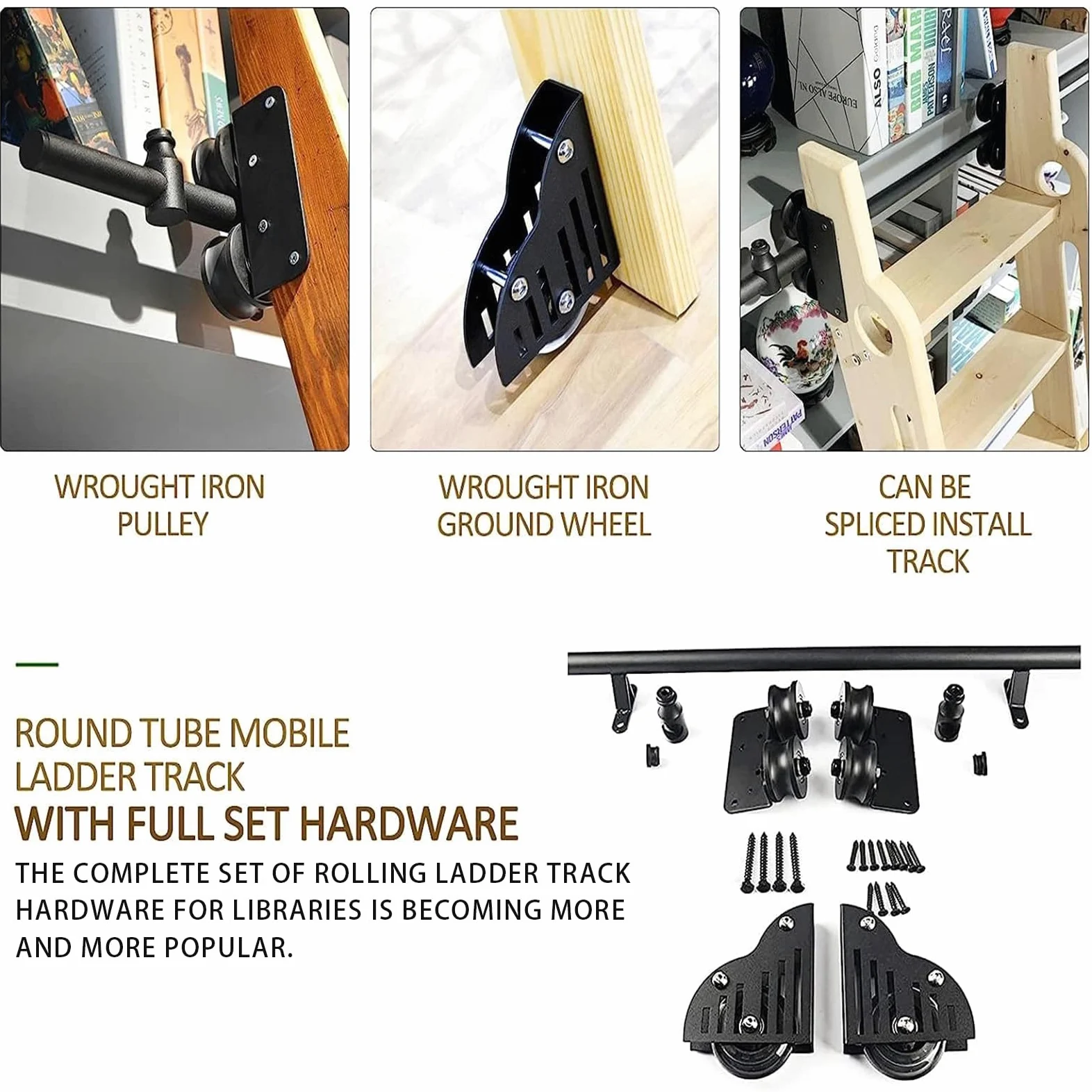 Kit hardware a rotolamento, hardware per la scala scorrevole mobile della libreria scorrevole mobile per casa/loft, hardware per porte scorrevoli (nessuna scala)