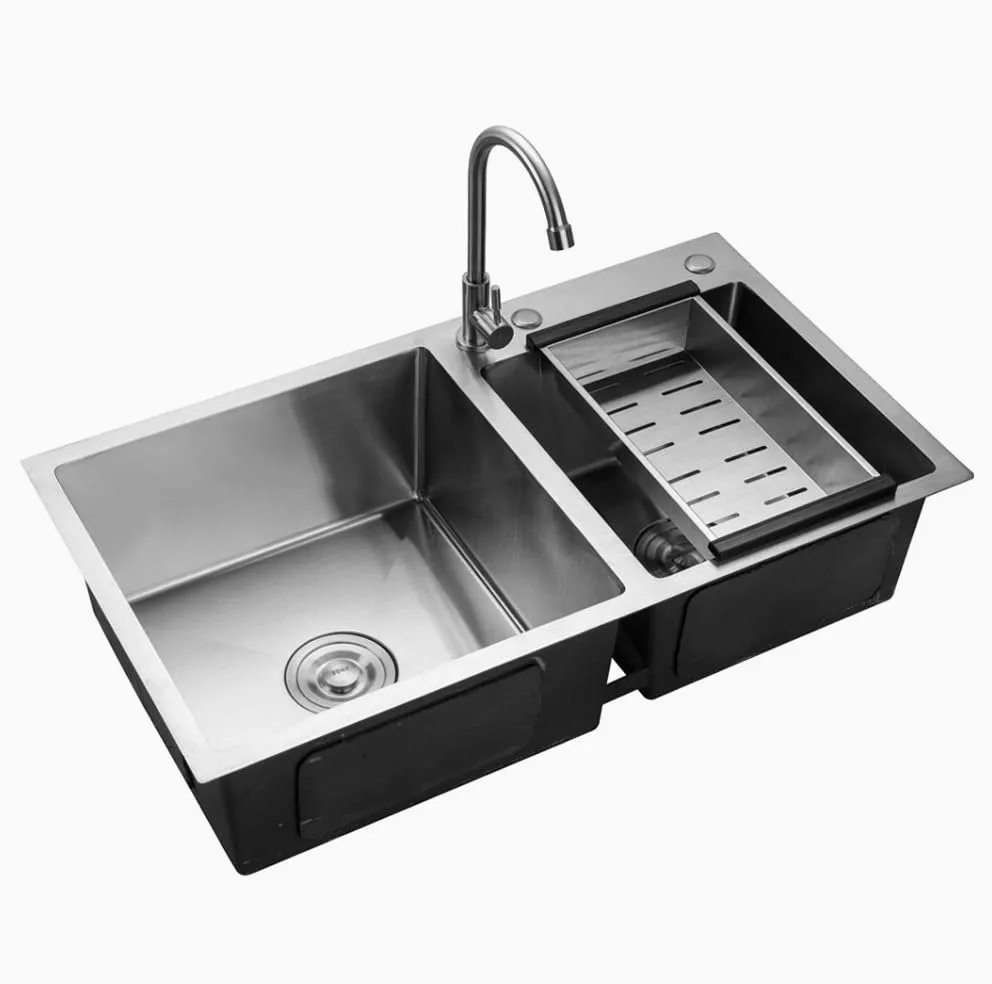 Lavello da cucina con 2 ripiani, lavello ad incasso, rettangolare, con scolapiatti, acciaio inossidabile, doppio ripiano, lavello da cucina, lavello ad incasso, doppio
