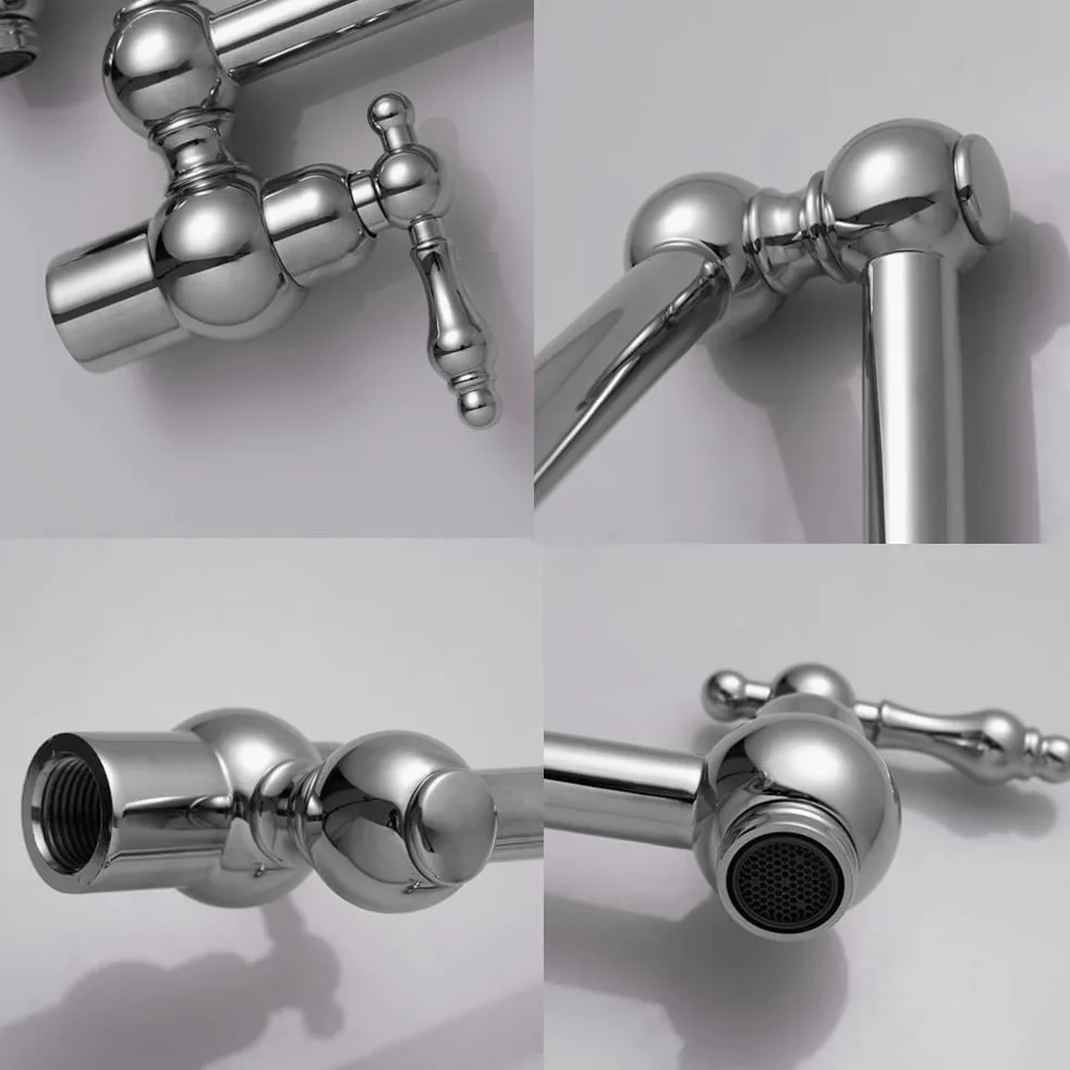 Rubinetto di Riempimento del Vaso in Ottone Massiccio - Pieghevole per Lavello da Cucina, Singolo Foro, Due Maniglie, a Parete Girevole, Pot Filler Tap Chrome