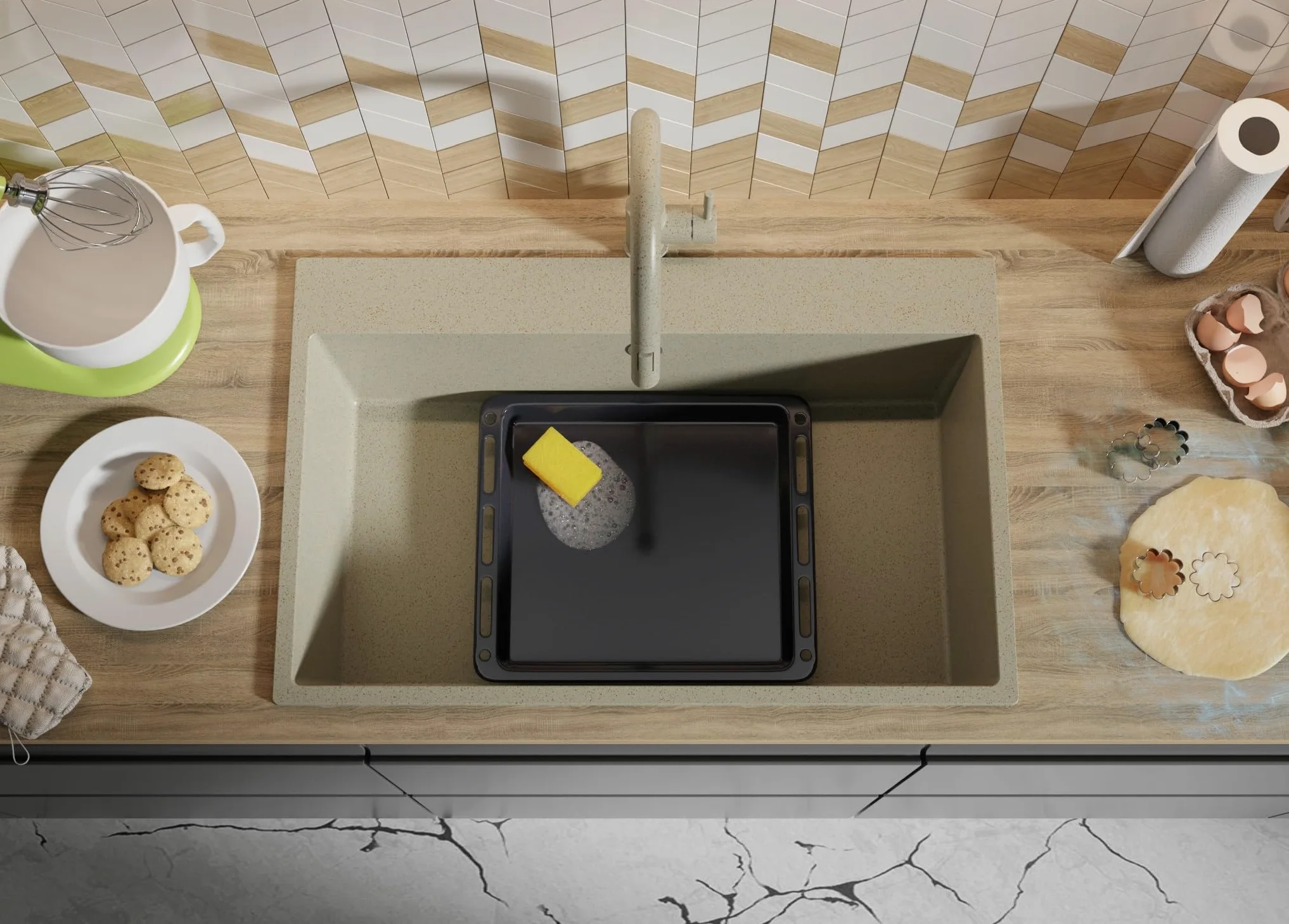 Lavello da Cucina Beige 78x50cm, Lavandino da Cucina a 1 vasca + Sifone Classico, Lavabo da Cucina Incasso al mobile 80cm - Riga di Primagran