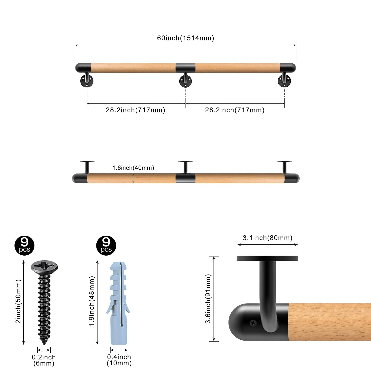 Dolibest Corrimano in Legno 150cm per Scale Interne Con Staffe in Metallo - Barra a Parete Senza Barriere per Anziani