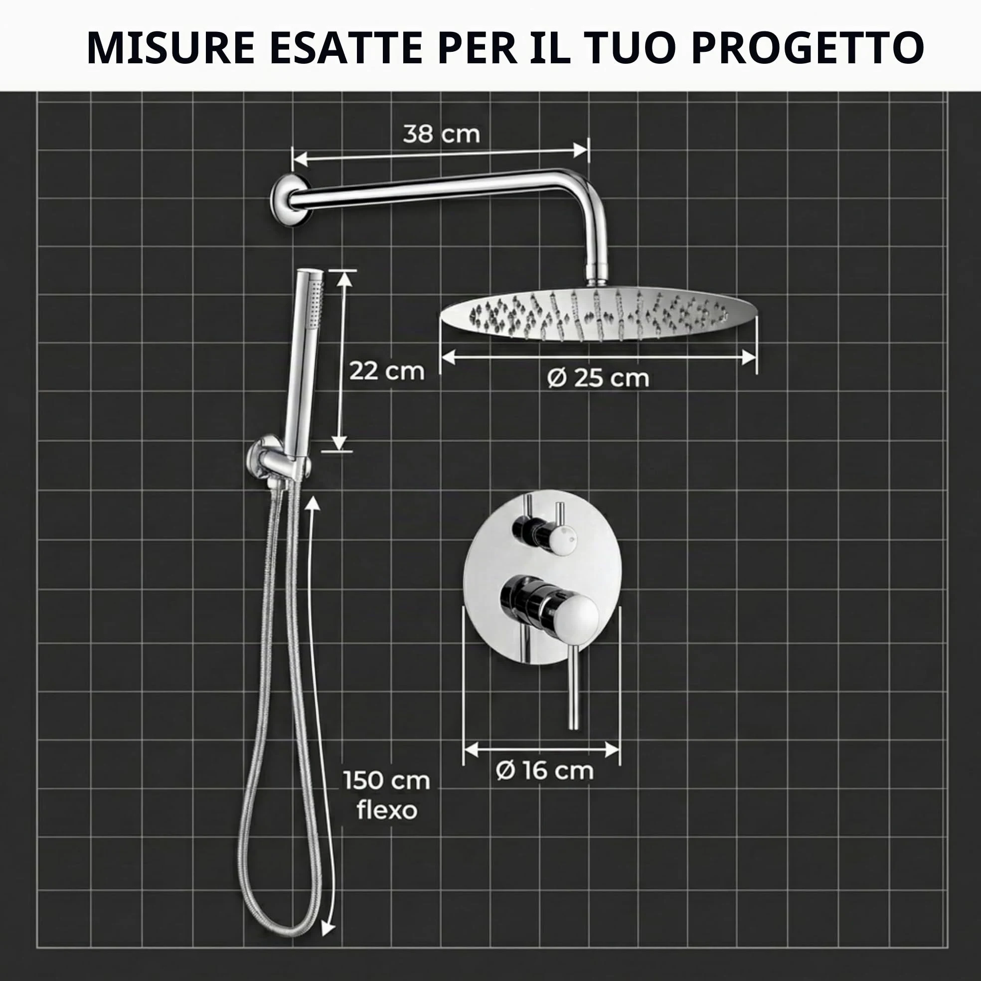 VALAZ Doccia Incasso Cromo | Miscelatore Doccia Incasso Spruzzatore Effetto Pioggia | Installazione a Parete Facile | Inossidabile, Rotondo, Spruzzatore 25 cm, Serie Jucar