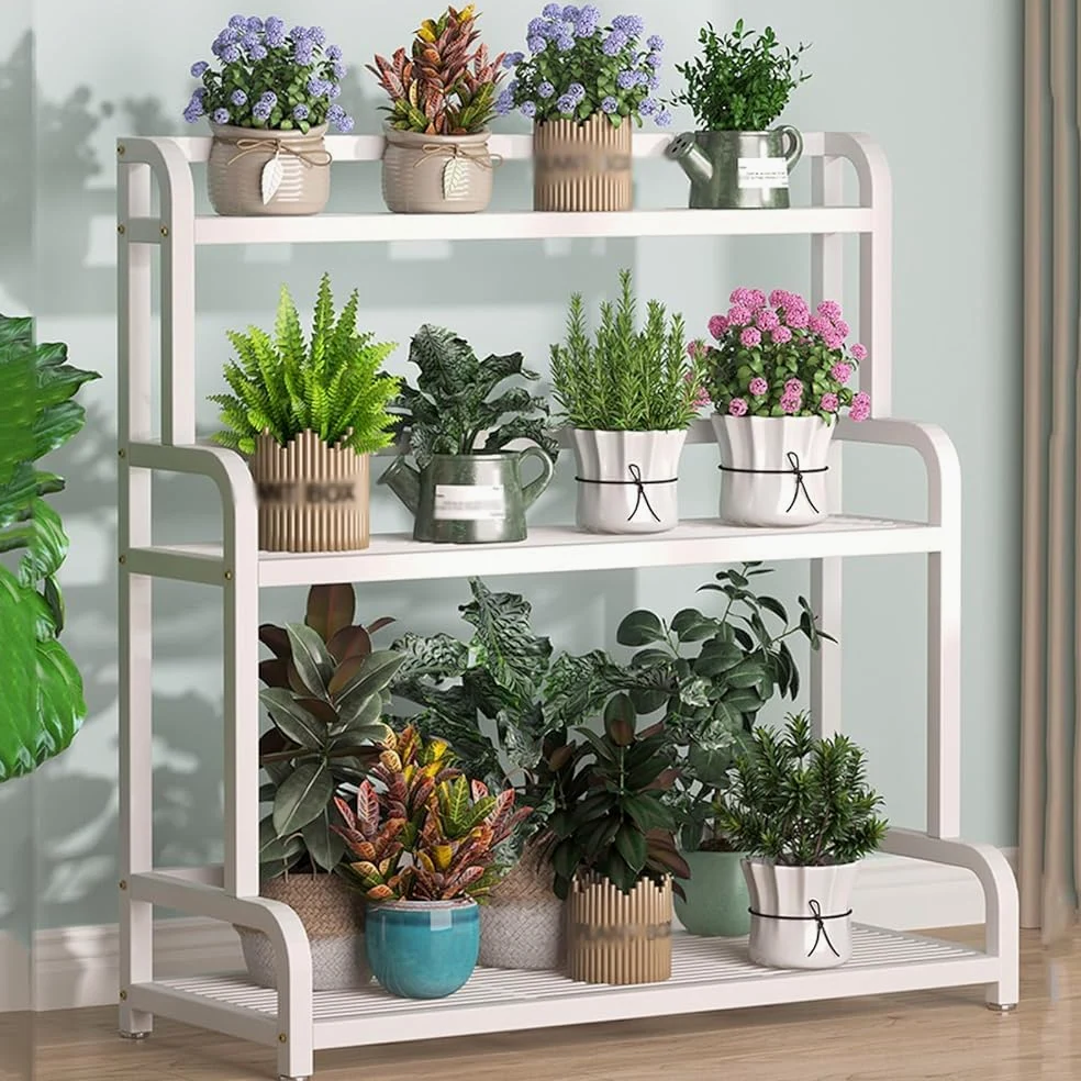 Supporto per piante a 3 livelli, supporto per fiori in metallo, autoportante, espositore multiplo, per balcone e giardino A (dimensioni: 100 x 40 x 102 cm, colore: bianco)