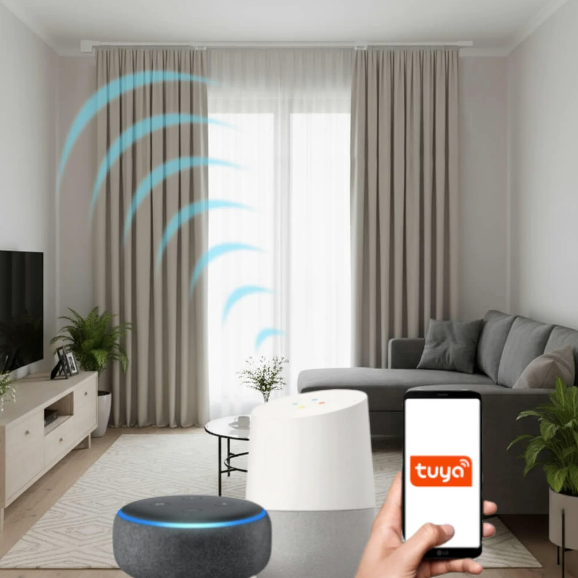 Binario Estensibile Motorizzato per Tende FabTrack, Larghezza 1,5-2,6 metri, Apertura Centrale delle Tende, Motore WiFi e Telecomando, Compatibile con Google Home, Alexa e App Tuya Smart