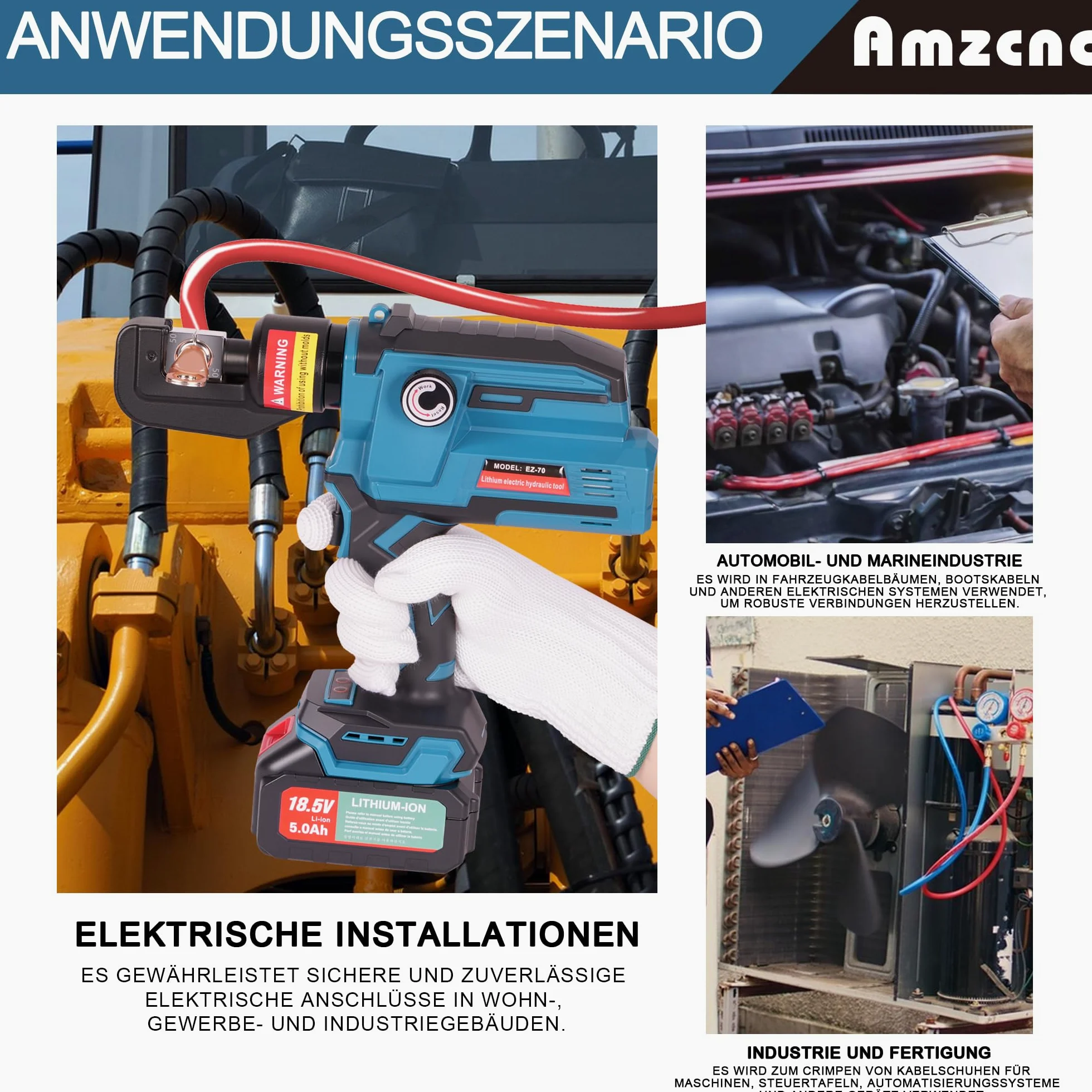 AMZCNC Pinza di crimpatura idraulica ricaricabile, crimpatrice elettrica con 8 matrici 4 6 10 16 25 35 50 70mm² 2 batterie e caricatore per cavi