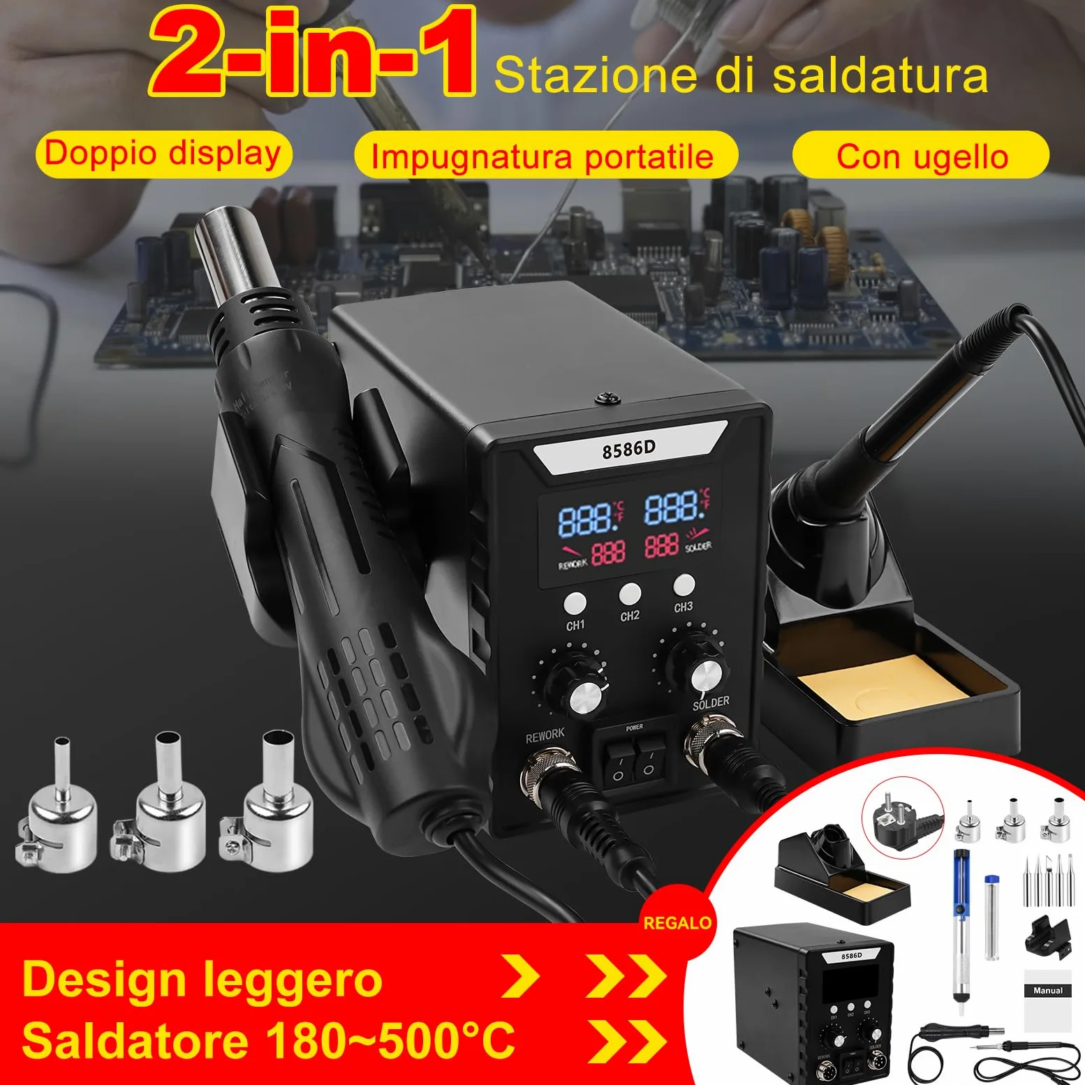 8586D Stazione Saldante, 2 In 1 da 760W Set Stazione di Saldatura, per saldatura e dissaldante SMD con schermo LCD, temperatura regolabile 180 ℃-500 ℃ con 3 ugelli aria per Riparazioni di Elettronica
