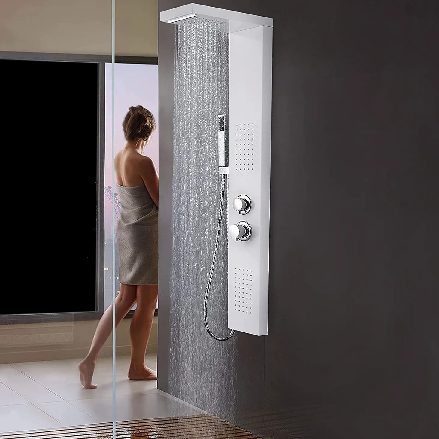 LARS360 Pannello doccia rubinetto doccia in acciaio inox 4 in 1 sistema doccia con doccetta a pioggia, doccia a pioggia, doccia a cascata, set doccia per bagno doccia, pannello doccia bianco