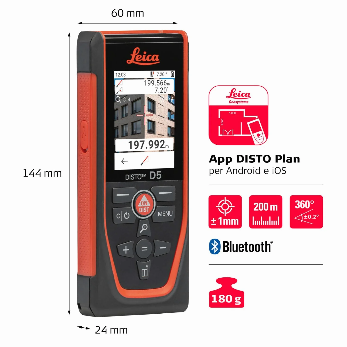 Leica Disto D5, Metro Laser Professionale con Bluetooth, Uso con App, Mirino, Uso Esterno e Interno, e Sensore d'Inclinazione per Tracciamento dell'Altezza, Profilo e Misurazione dell'Angolo