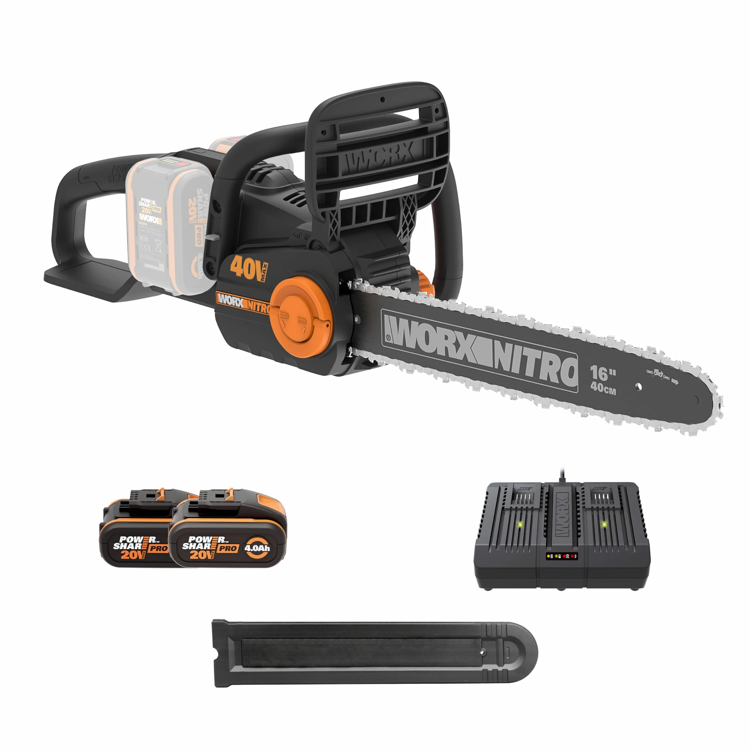 WORX WG385E Elettrosega Nitro a batteria 40V | PowerShare | Include 2 batterie da 2 Ah e caricatore doppio | 40 cm di barra | lubrificazione automatica