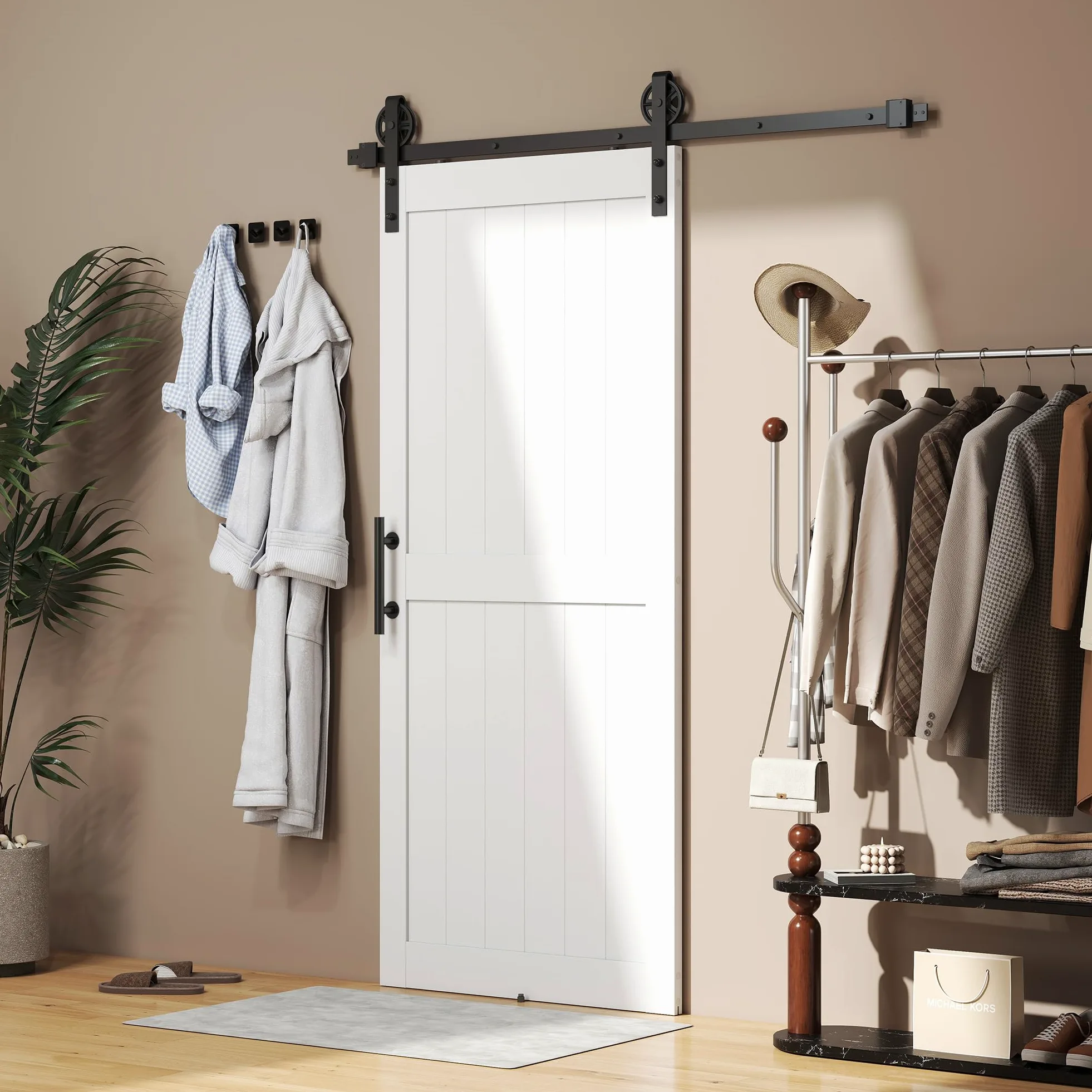 HOMCOM Porta Scorrevole Esterna Muro 91.5x213.4cm, Binario Acciaio, Maniglia Migliorato, Ruote, Porta da Interno in Stile Industriale, in MDF e Legno Pino, Impermeabile, per Cucina, Bagno, Soggiorno