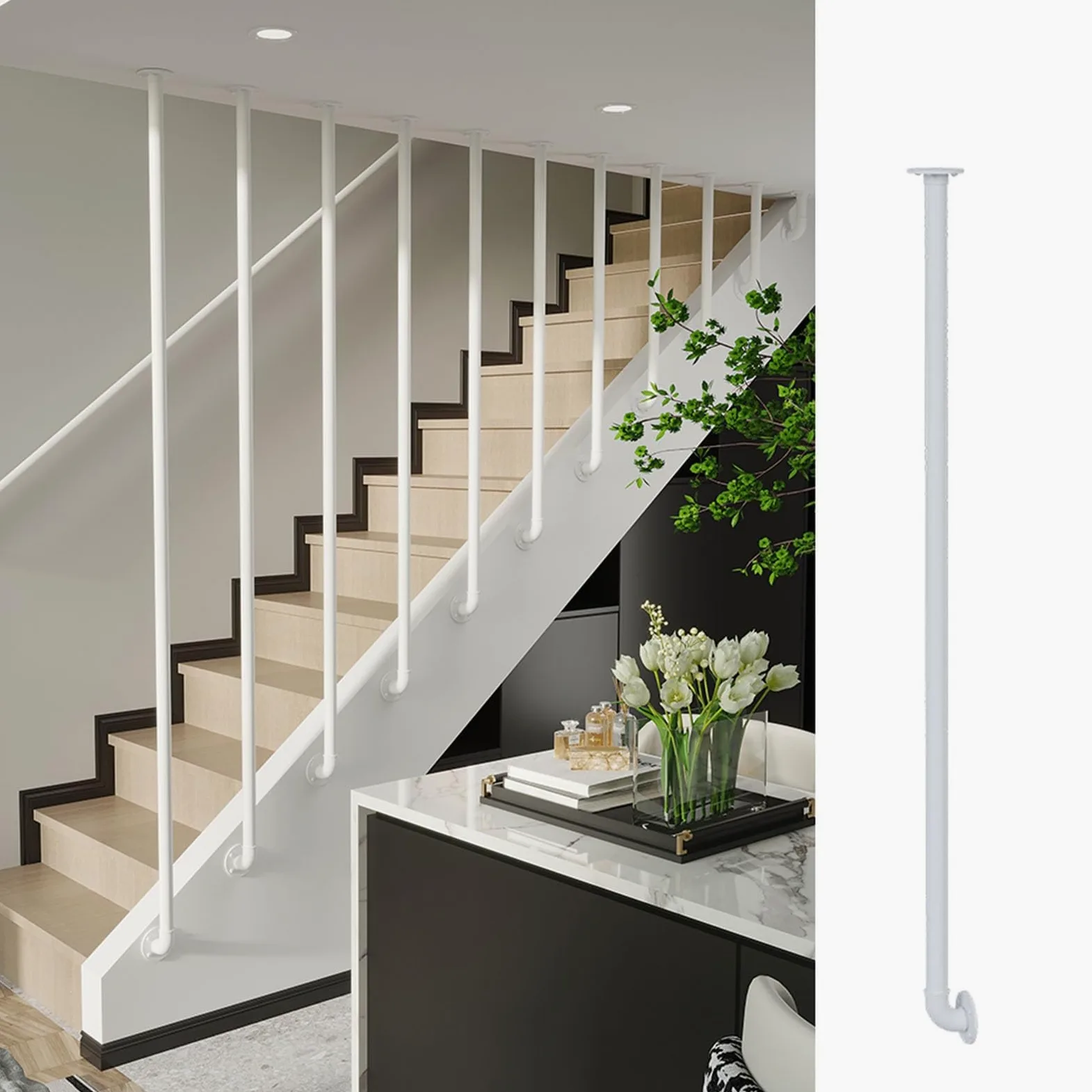 Ringhiera Per Scale Balaustre in metallo per scale interne, Spine di coperta di lunghezza personalizzabile per scale in piano e in pendenza, Decorazione dei gradini delle scale(White,145m/57.1in/4.8ft