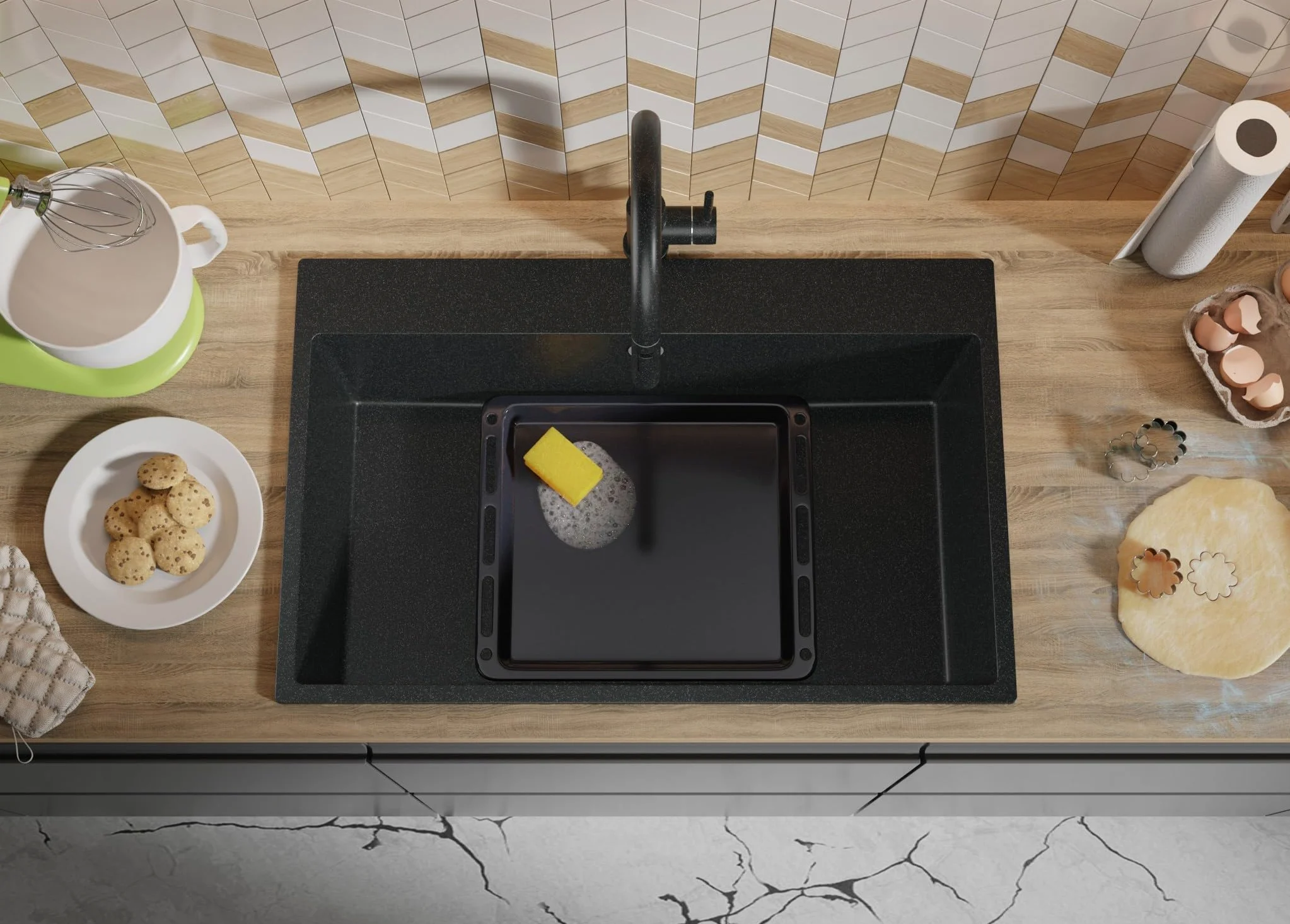 PRIMAGRAN Lavello da Cucina Grafite 78x50cm, Lavandino in Granito a 1 vasca + Sifone Classico, Lavabo da Cucina Incasso al Mobile 80cm - Riga S397