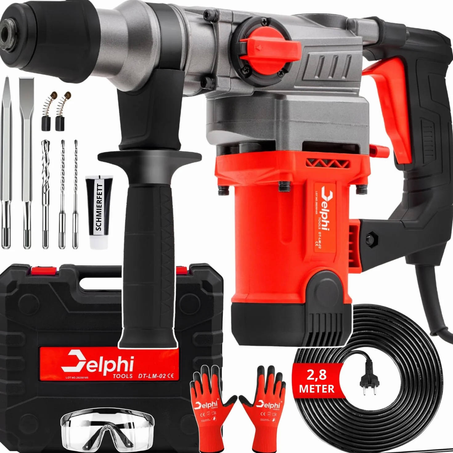 Delphi Martello Demolitore SDS Plus 2200W, Trapano a Percussione 3 Funzioni, 4J Energia d’Impatto, con Custodia, Punta e Scalpello, Cavo da 2,8m, Set di Accessori