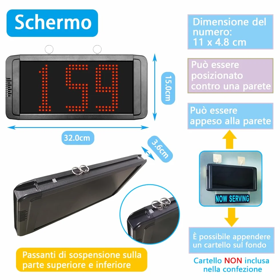 Eliminacode Display | Chiamata in Italiano | Schermo Ampliato | 3 Cifre Eliminacode, Elimina Code Digitale, Chiamta Numeri Fila (1 schermo + 3 pulsanti)