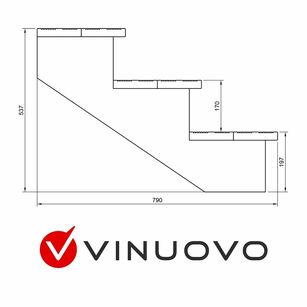 Scala esterna BERLIN, 3 gradini, Altezza 54cm, Larghezza 60cm, senza alzate, Scala in kit in Legno Autoclave- Vinuovo