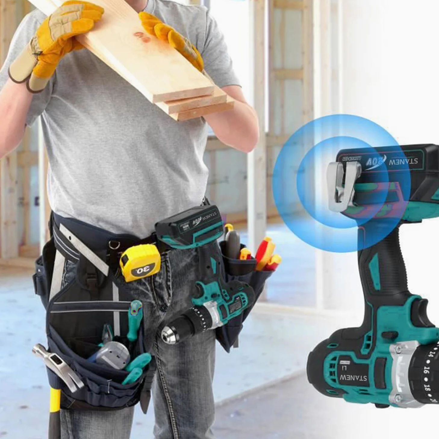 Trapani a percussione, STANEW 20V Li Trapano a Batteria,trapano a percussione 20 + 3 impostazioni,2 Batterie-1.5Ah e Valigetta,45 Nm,69 accessori+guanti professionali +valigia