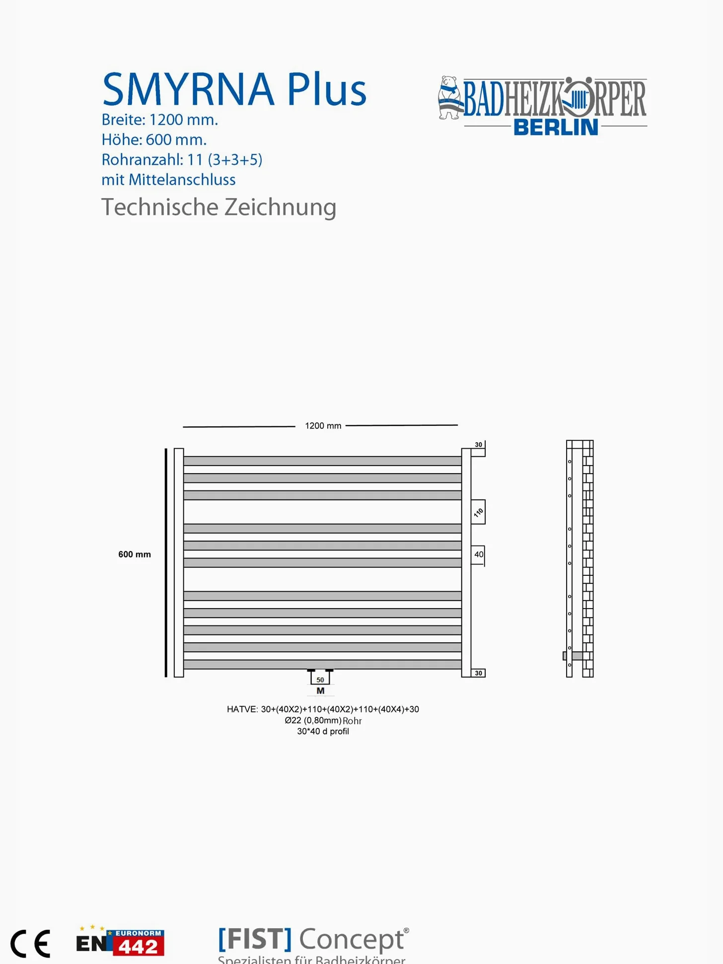 Scaldasalviette Radiatore SMYRNA Plus formato speciale bianco 1200 x 600 mm. medio collegamento