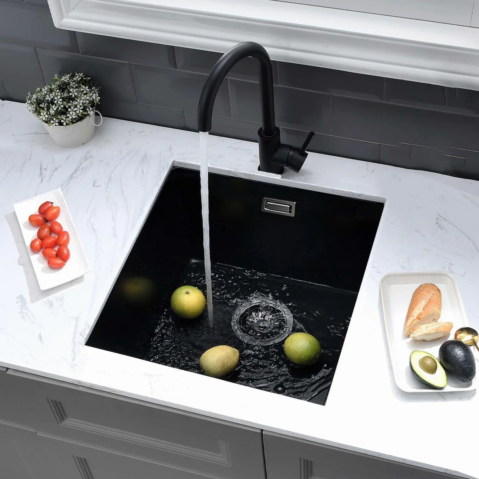 Lavello da Cucina 45 x 45 cm, Lavandino Cucina in Granito, iAnomla Nero Vasca Singola da incasso adatto per mobili sottolavello da 45 cm di larghezza, Lavabo Cucina Nero con Sifone, Moderno