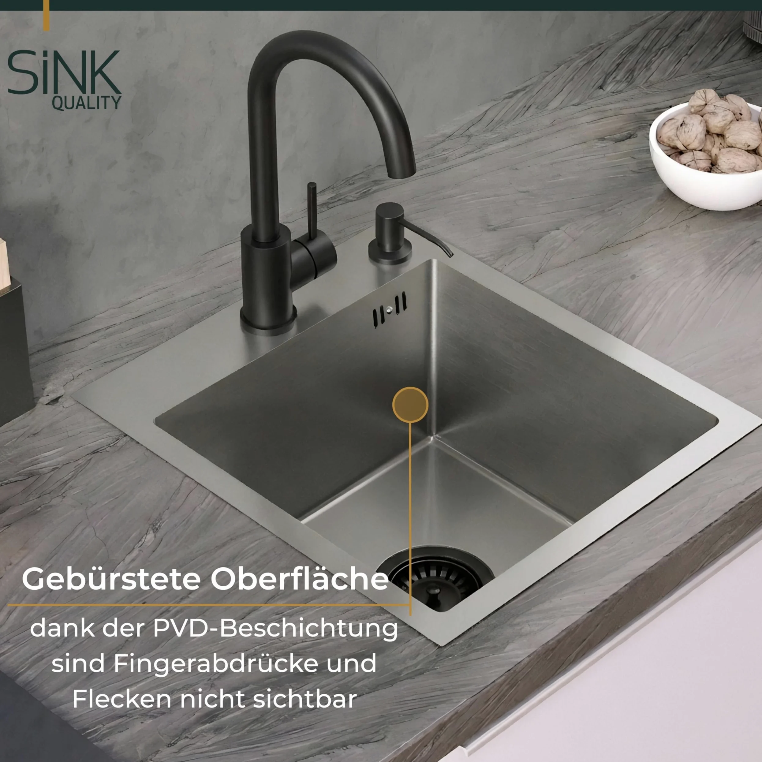 SINK Quality Lavello Cucina 40x45 cm | Acciaio Inox 304 | Vasca Singola Antigraffio PVD | Insonorizzato e Anticondensa | Sifone Salvaspazio Incluso | Ideale per Base 40 cm