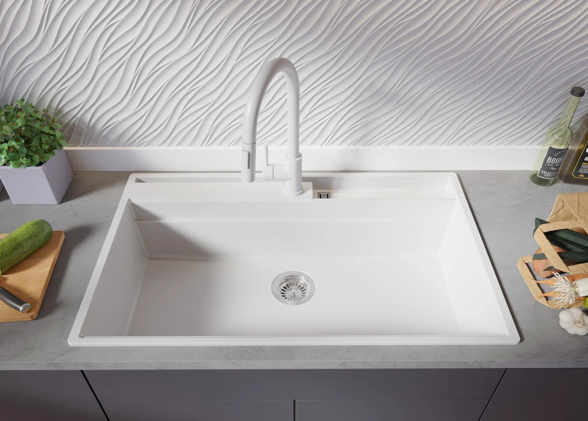 PRIMAGRAN Lavello da Cucina Bianco 88x53cm, Lavandino in Granito a 1 vasca + Sifone Classico, Lavabo da Cucina Incasso al Mobile 90cm - Oslo 90 Pocket S456