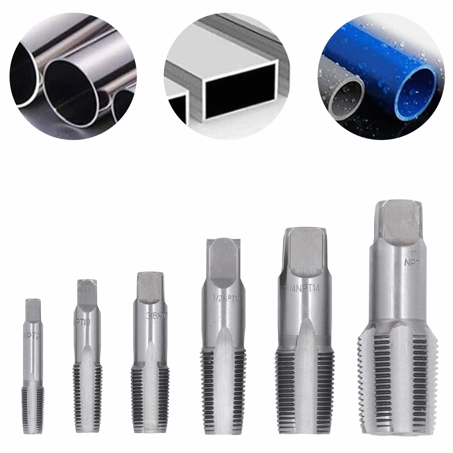 Set di Maschi per Tubi NPT 6 Pezzi, Kit di Strumenti per Maschiatura Filettatura 1 Pollice, 3/4 Pollice, 1/2 Pollice, 3/8 Pollice, 1/4 Pollice e 1/8 Pollice, Utensile