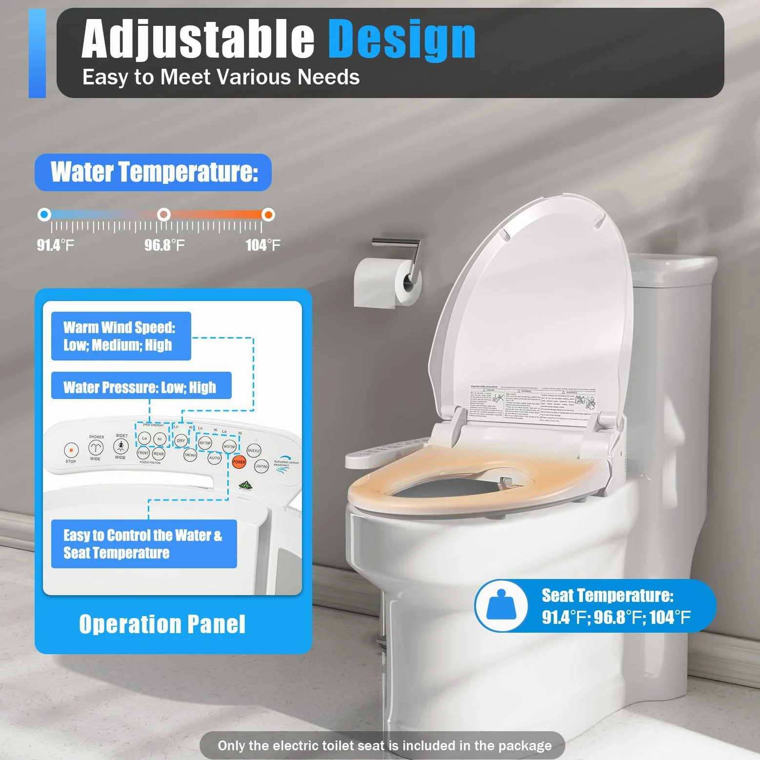 WC intelligente elettrico, toilette con dispositivo di pulizia deodorizzazione automatica temperatura regolabile massaggio intelligente per casa di cura hotel, bianco