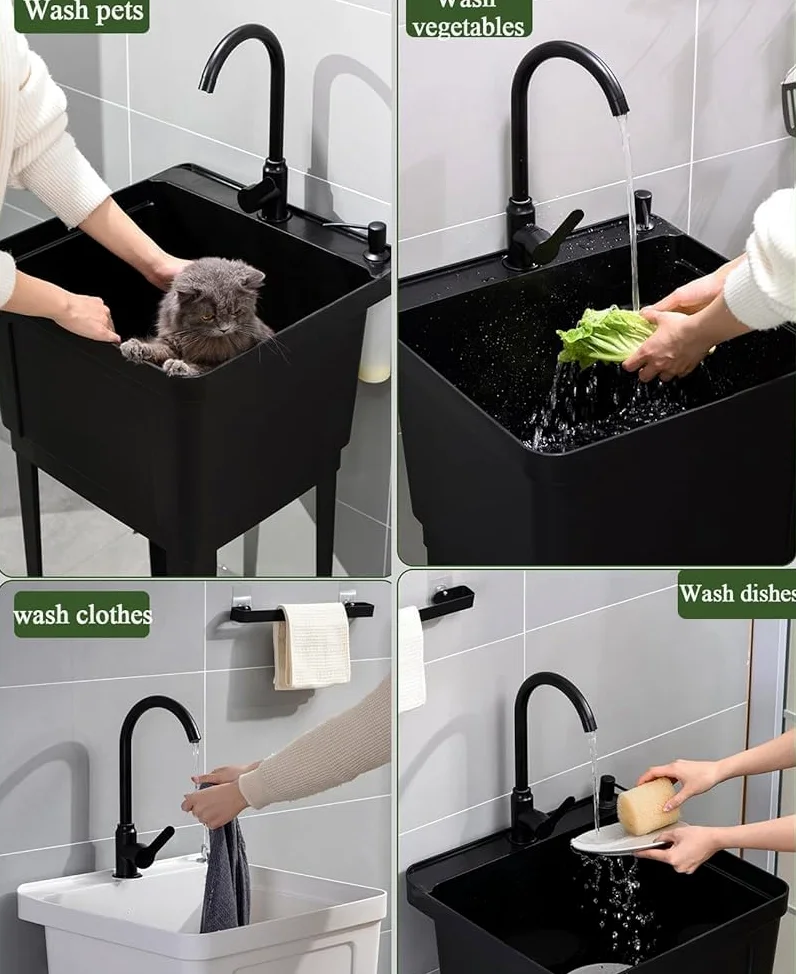 Lavandino autoportante in plastica resistente con rubinetto girevole e dispenser di sapone, grande stazione di lavaggio e drenaggio per lavanderia, cantina, garage (colore: bianco)