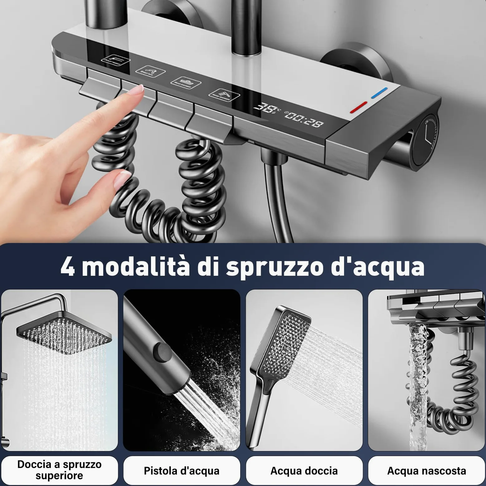 Sistema Doccia con Termostat con display digitale a LED, soffione doccia XL a pioggia, doccetta, getto ausiliario e rubinetto a cascata – Acciaio inossidabile – Colonna Doccia Regolabile