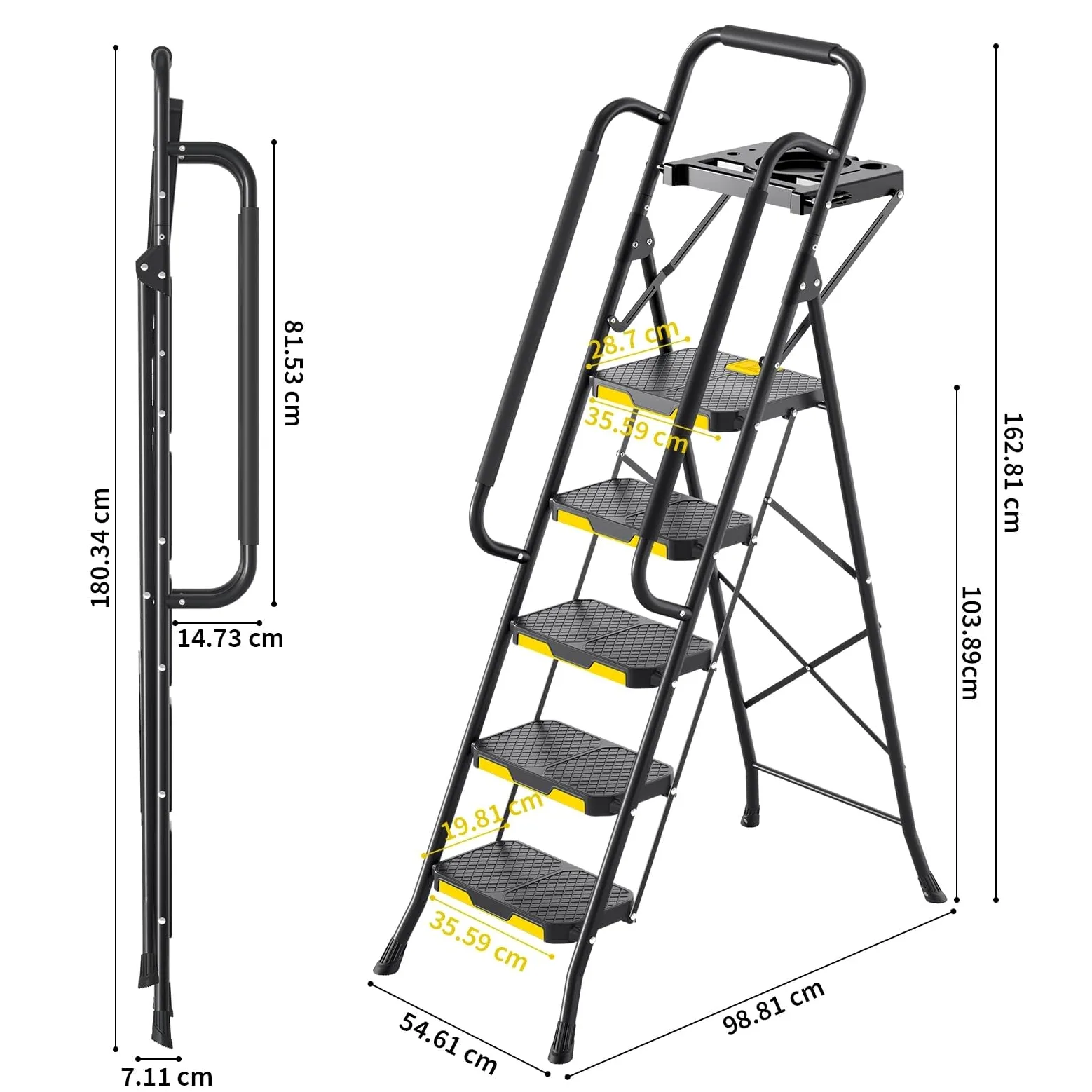 KINGRACK Scaletta 5 Gradini, Scala Pieghevole con Vaschetta Portaoggetti e Corrimano di Sicurezza, Scala Domestica in acciaio con Pedale Largo Antiscivolo, per casa, cucina, dispensa, armadi, ufficio