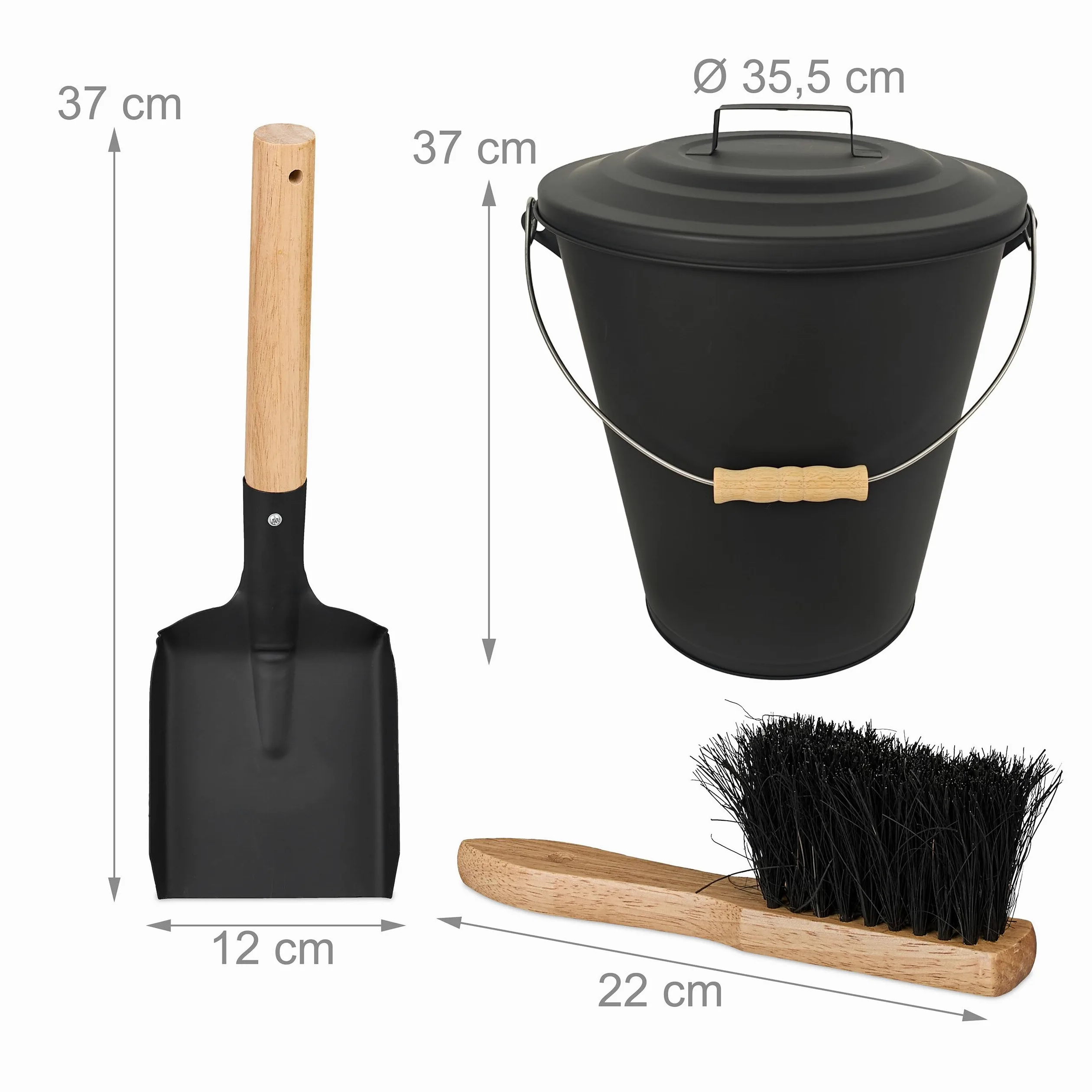Relaxdays Secchio per Cenere con Coperchio, 24 L, Scopa e Paletta per Camino, Contenitore con Manico, Nero/Naturale