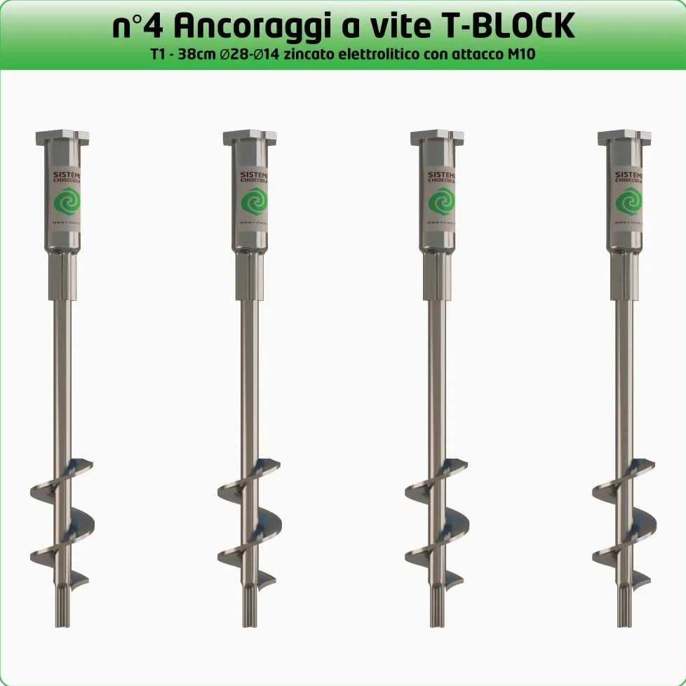 Viti per terreno T-BLOCK - Kit di 4 viti di ancoraggio a terra per gazebo e arredo da giardino. Ecologici, L 38 cm Ø 28-14 esagono da 41 mm con punto fisso M10.