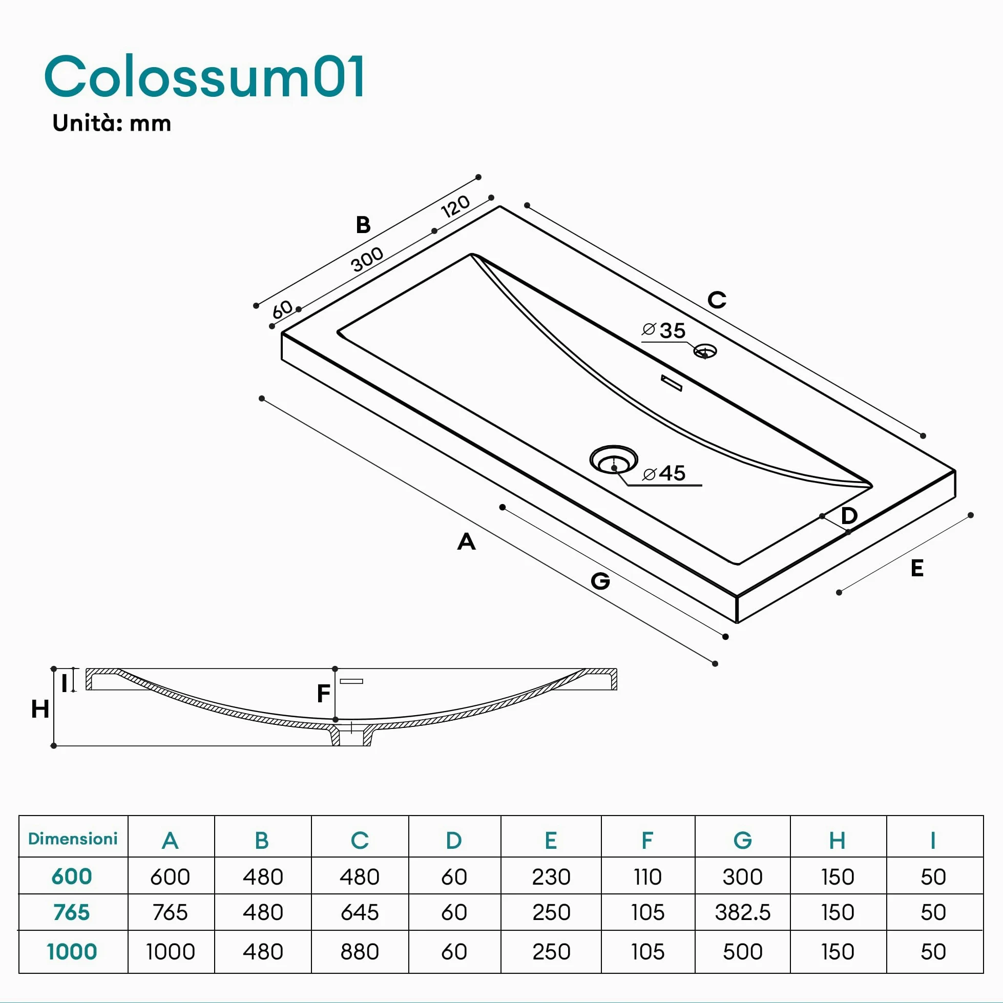Mai & Mai Lavabo Incasso 100x48x13cm, Lavabo Sottopiano Lavandino Bagno da Marmo fuso Colossum01-1000,Antracite opaco