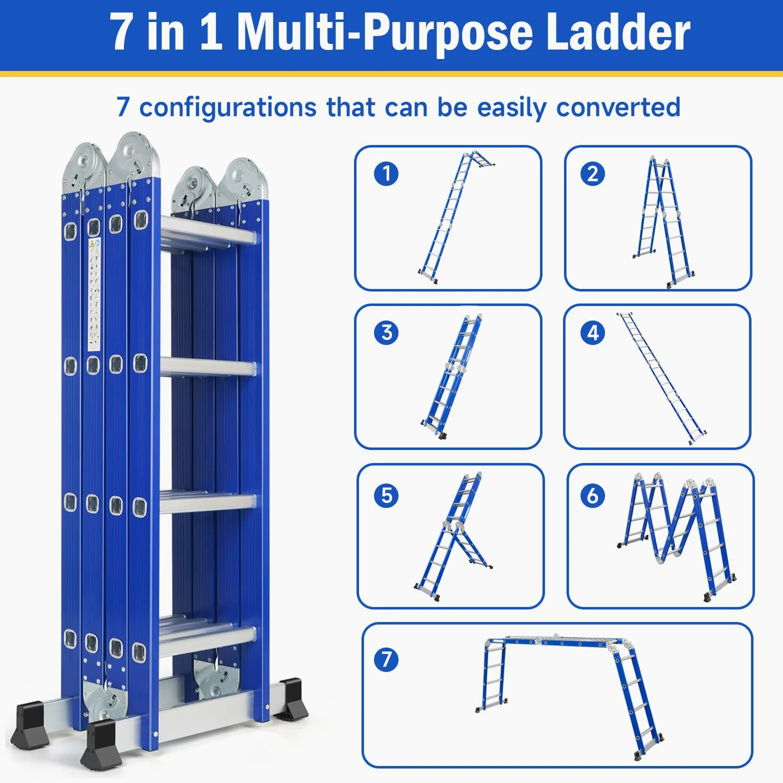 Scala Pieghevole Multiuso 7 in 1 in Alluminio - 4 x 4 Gradini, 464 cm, Scala Multifunzione per Uso Domestico Interno ed Esterno, 16 Gradini, Portata Massima 150 kg