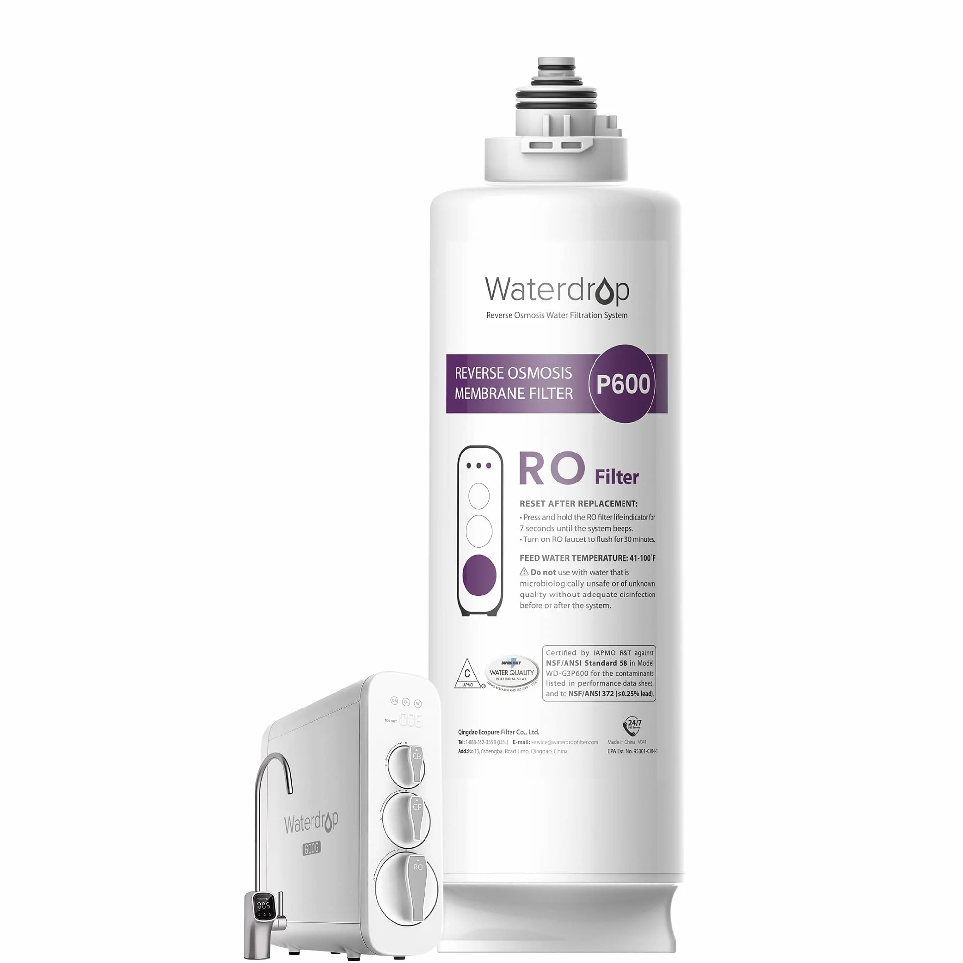 Waterdrop Filtro WD-G3P600-RO, certificado NSF, repuesto para sistema de ósmosis inversa WD-G3P600, 2 años de vida útil