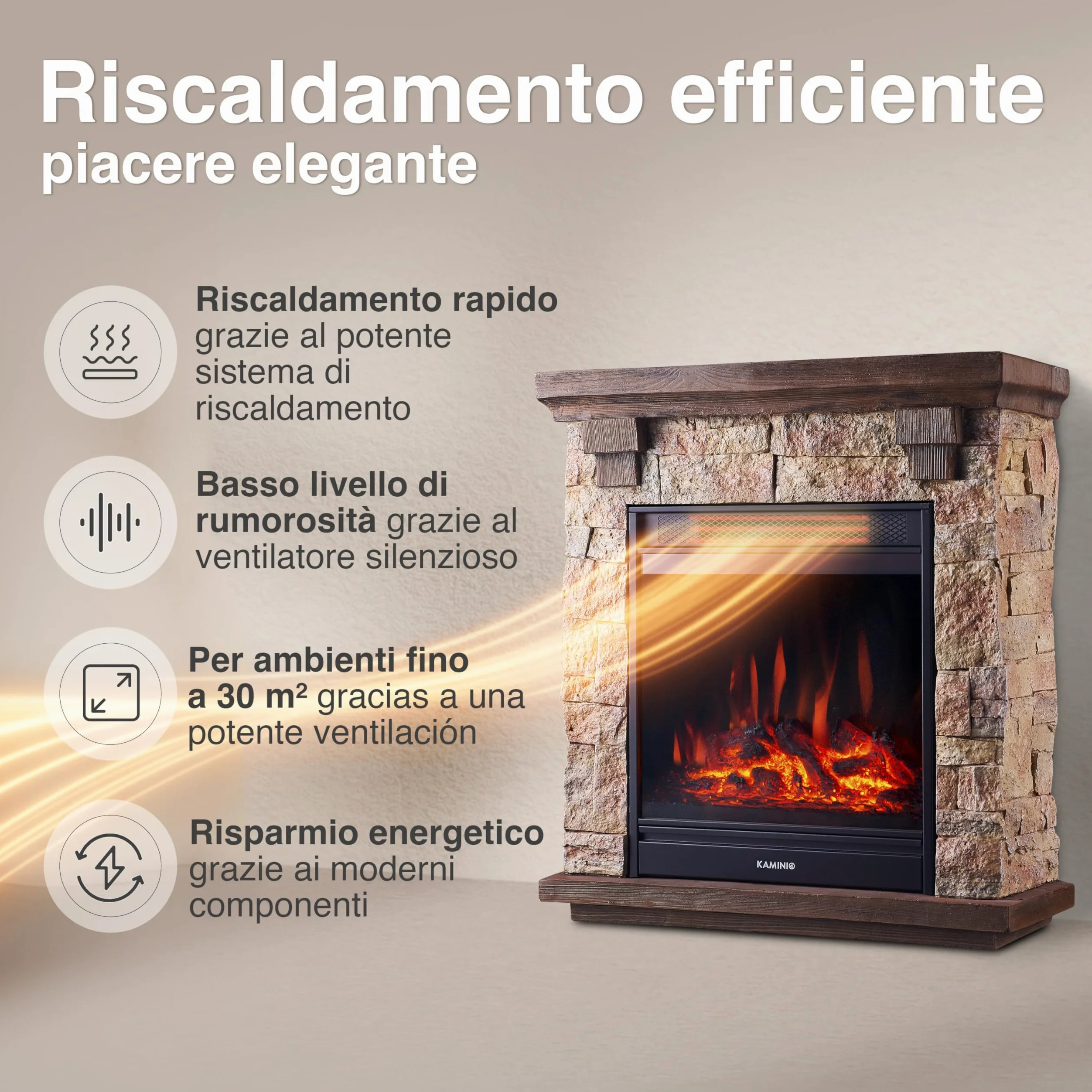 KAMINIO Camino elettrico Juan - Caminetto elettrico a pavimento in effetto pietra con riscaldamento, effetto fiamma 3D, telecomando (Beige)