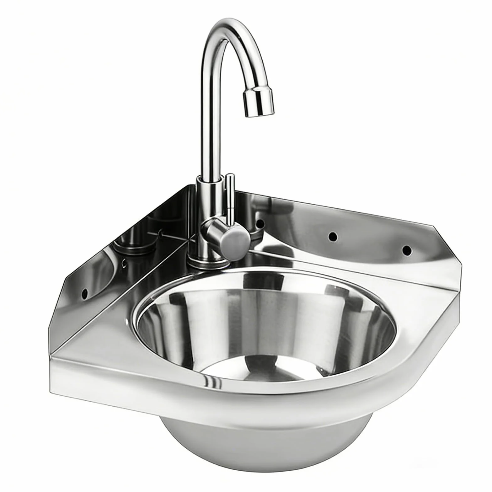 Lavabo ad Angolo in Acciaio Inox, Lavabo da Parete Triangolare, Lavello in Acciaio Inox con Rubinetto Acqua Calda e Fredda, Salvaspazio per Bagno, Camper, Barca, WC, Garage